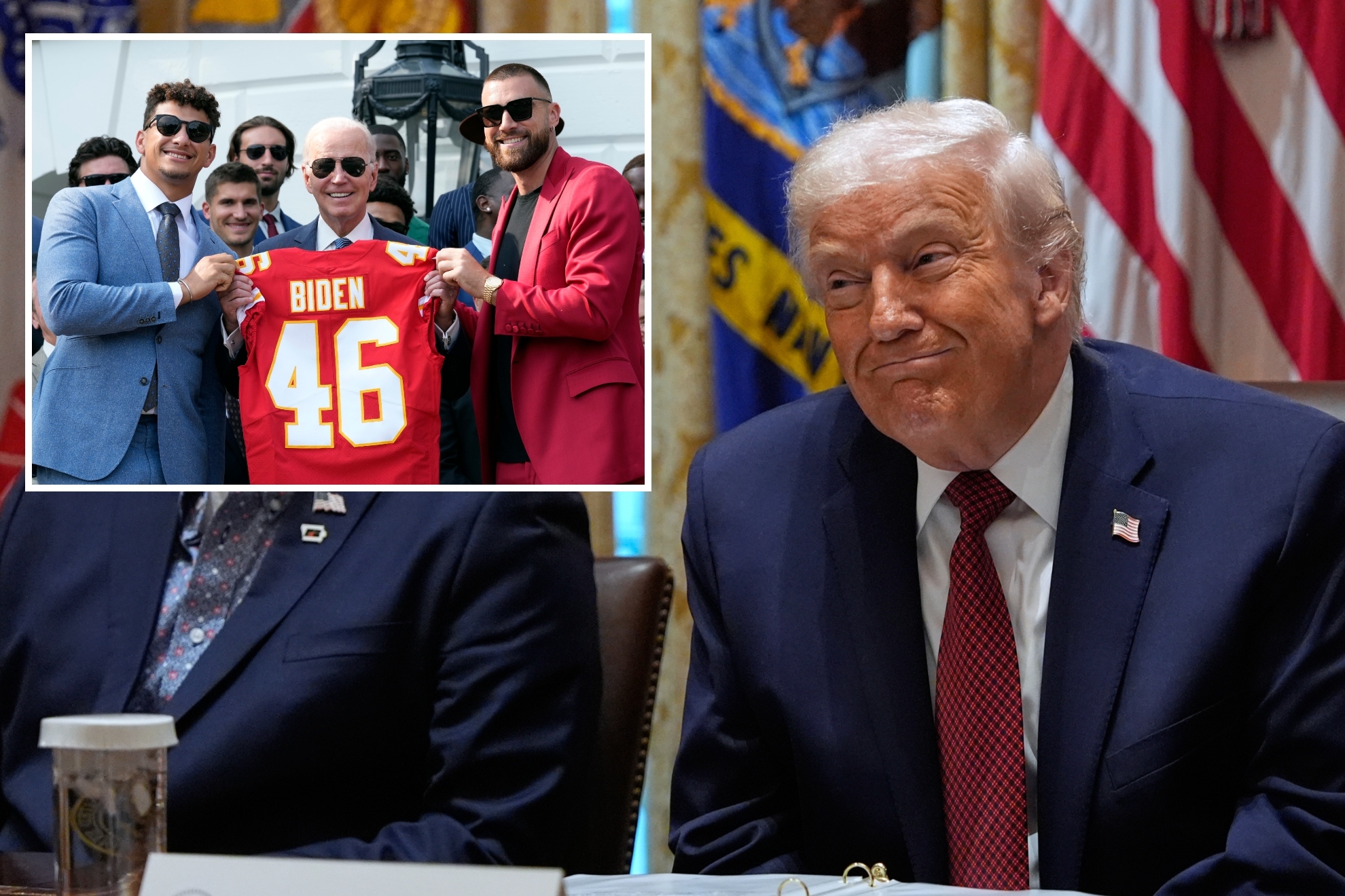Donald Trump giving a speech and Patrick Mahomes, Travis Kelce and Joe Biden in the White House