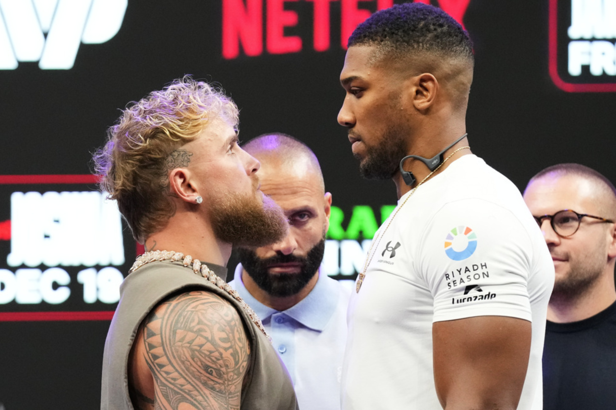 Jake Paul faces off against Anthony Joshua, in preparation for their bout on December 19 in Miami.