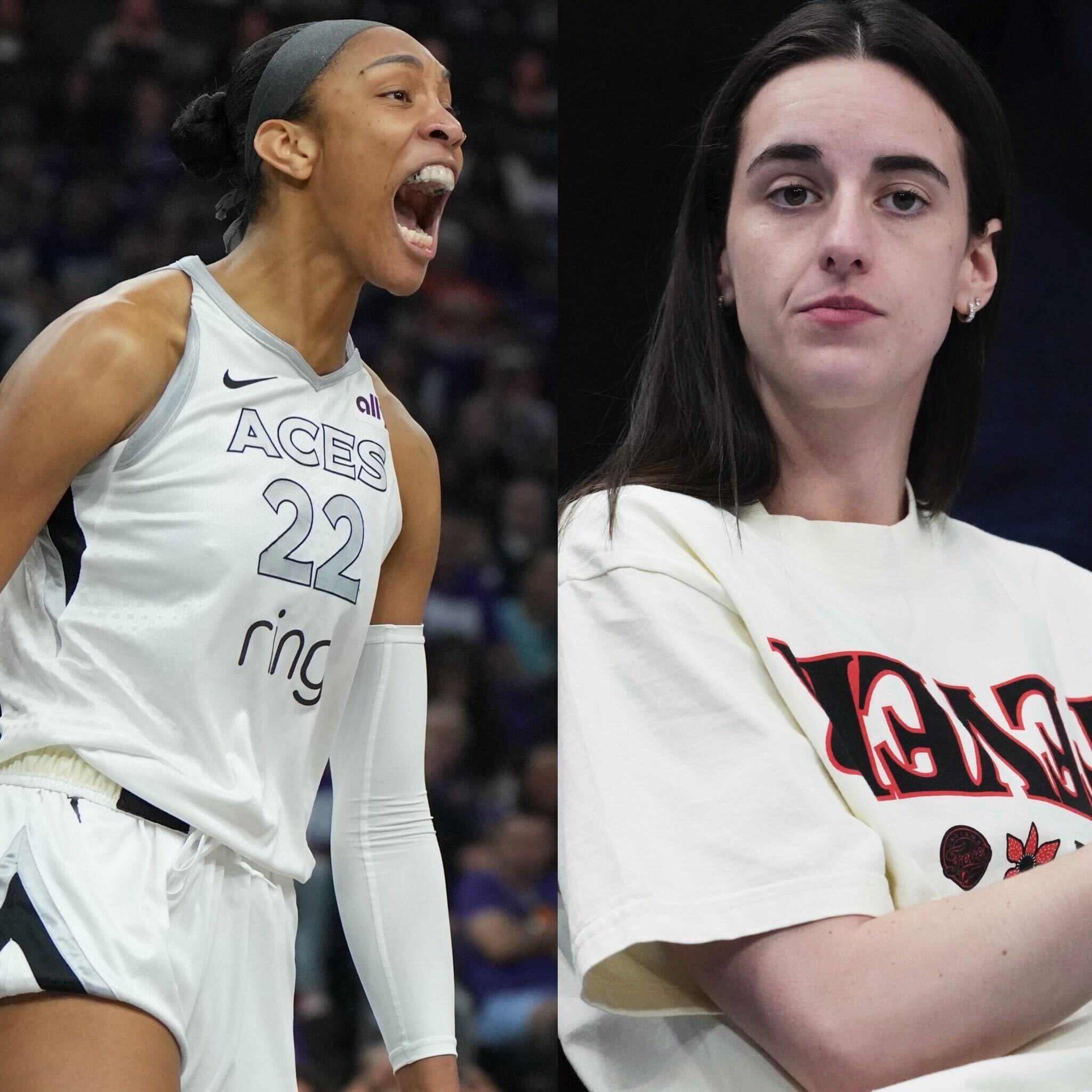 Las Vegas Aces center Aja Wilson (22) during Game 4 of the WNBA basketball finals, and Indiana Fever guard Caitlin Clark looks on before a WNBA basketball game
