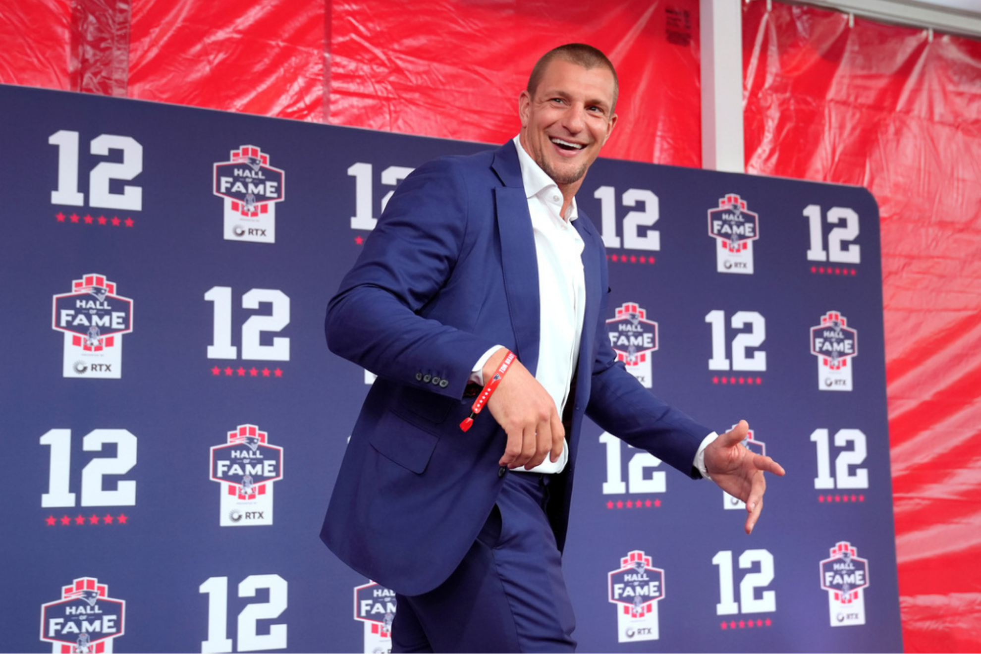 Former New England Patriots tight end Rob Gronkowski arrives for the Patriots Hall of Fame induction ceremony