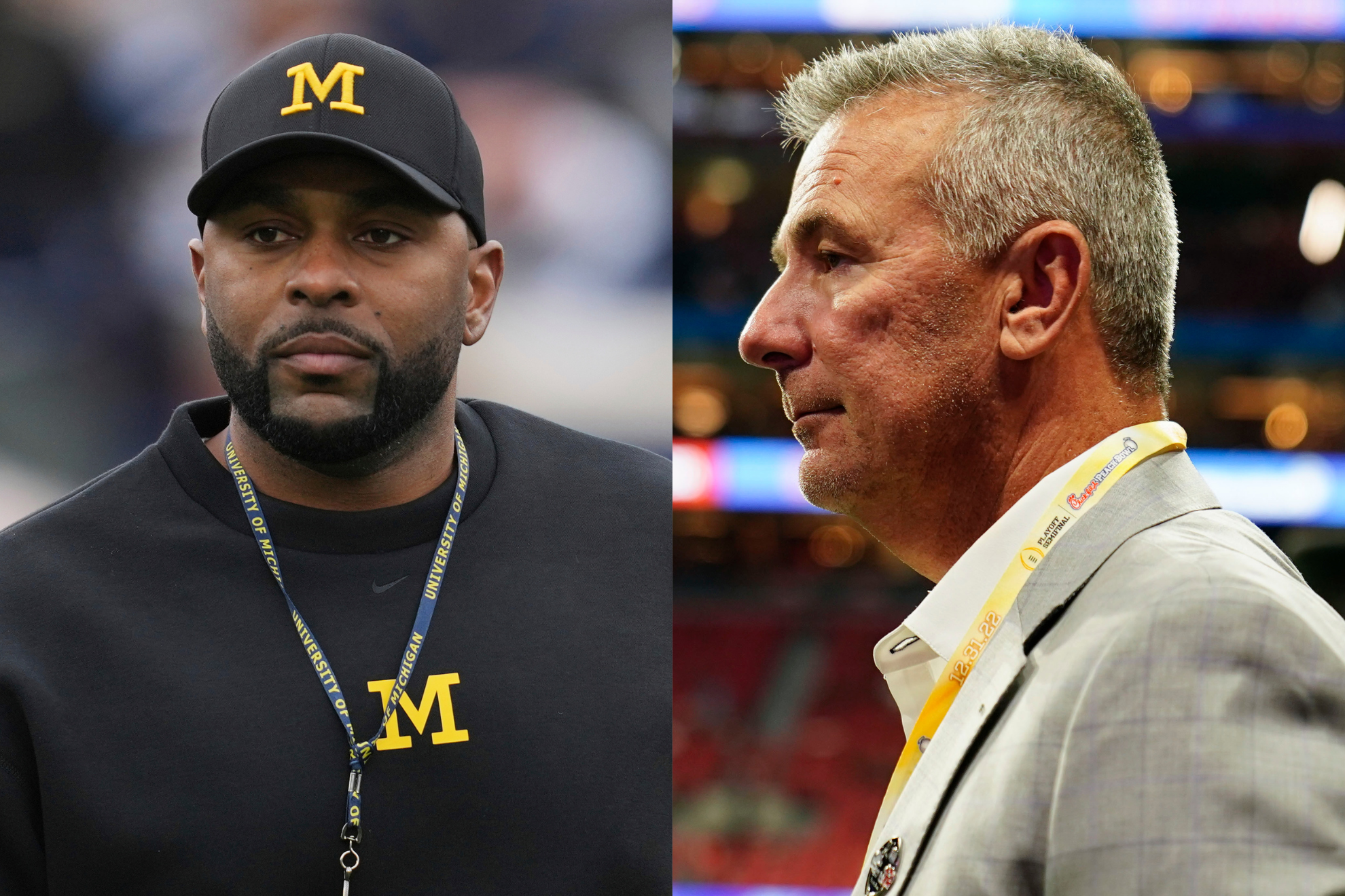 Sherrone Moore (left) and Urban Meyer (right) worked for rival schools.