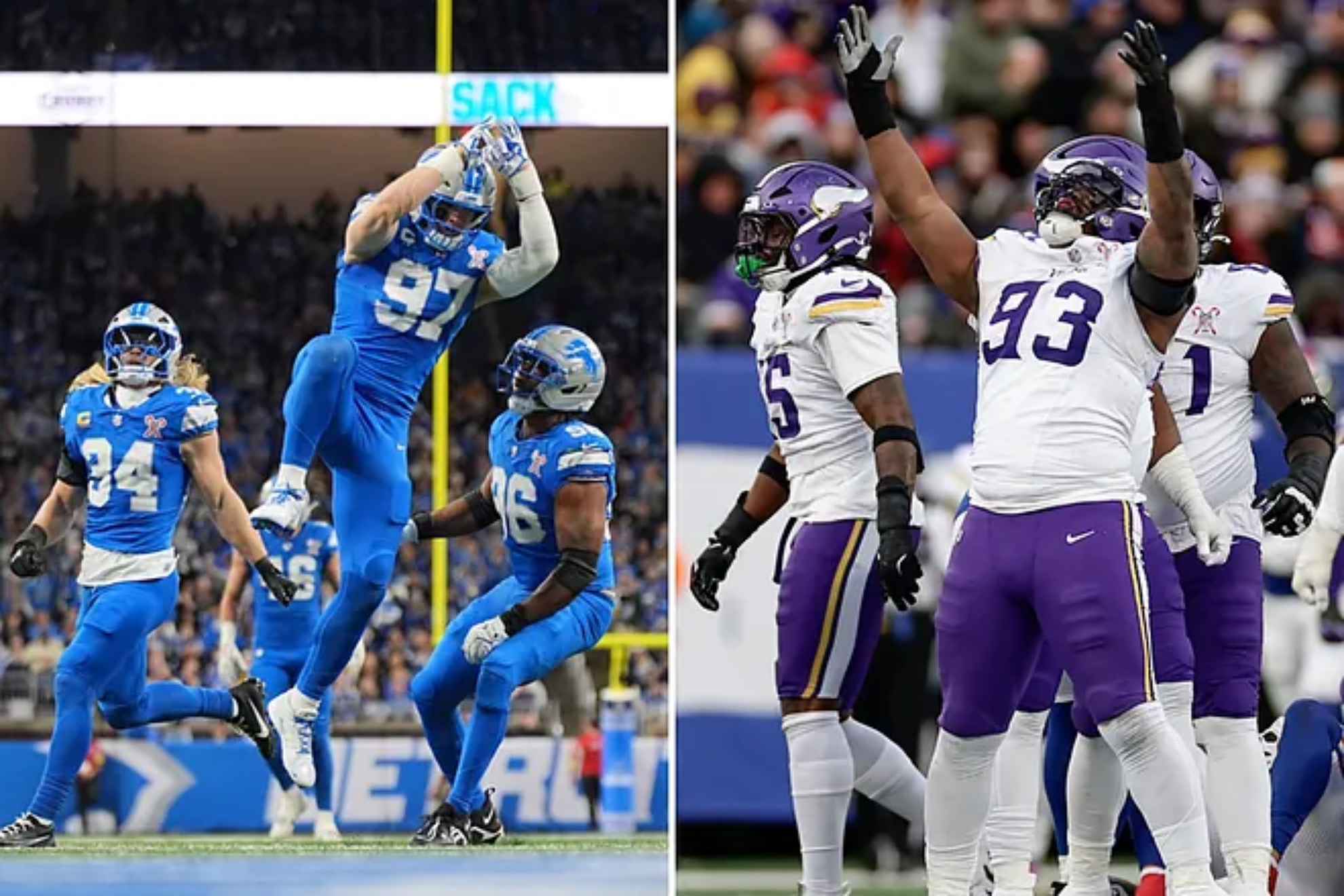 Detroit Lions Alex Anzalone (34), Aidan Hutchinson (97) and Al-Quadin Muhammad (96) celebrate/