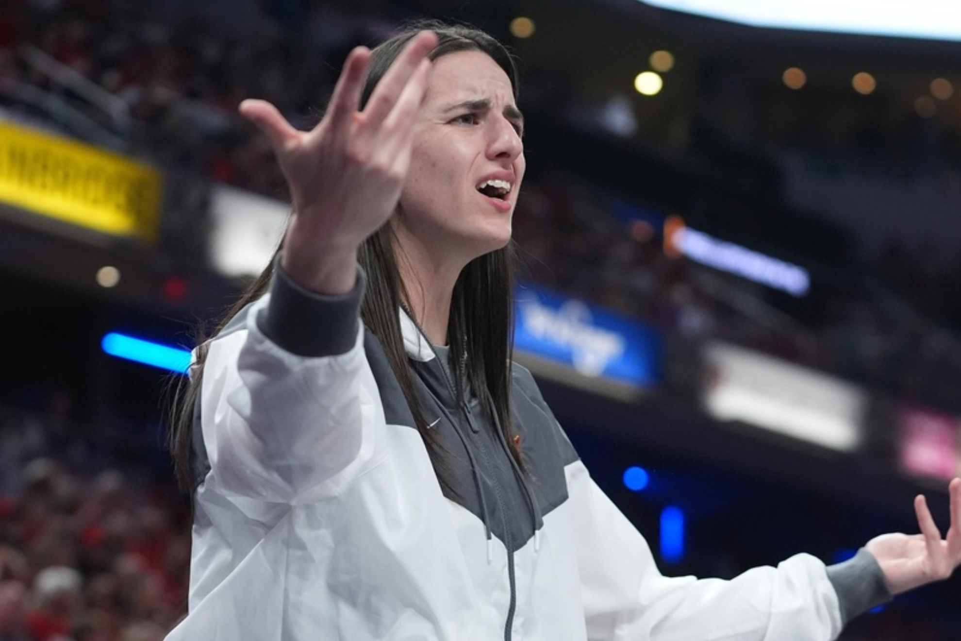 Caitlin Clark complains during an Indiana Fever game during the 2025 WNBA season.