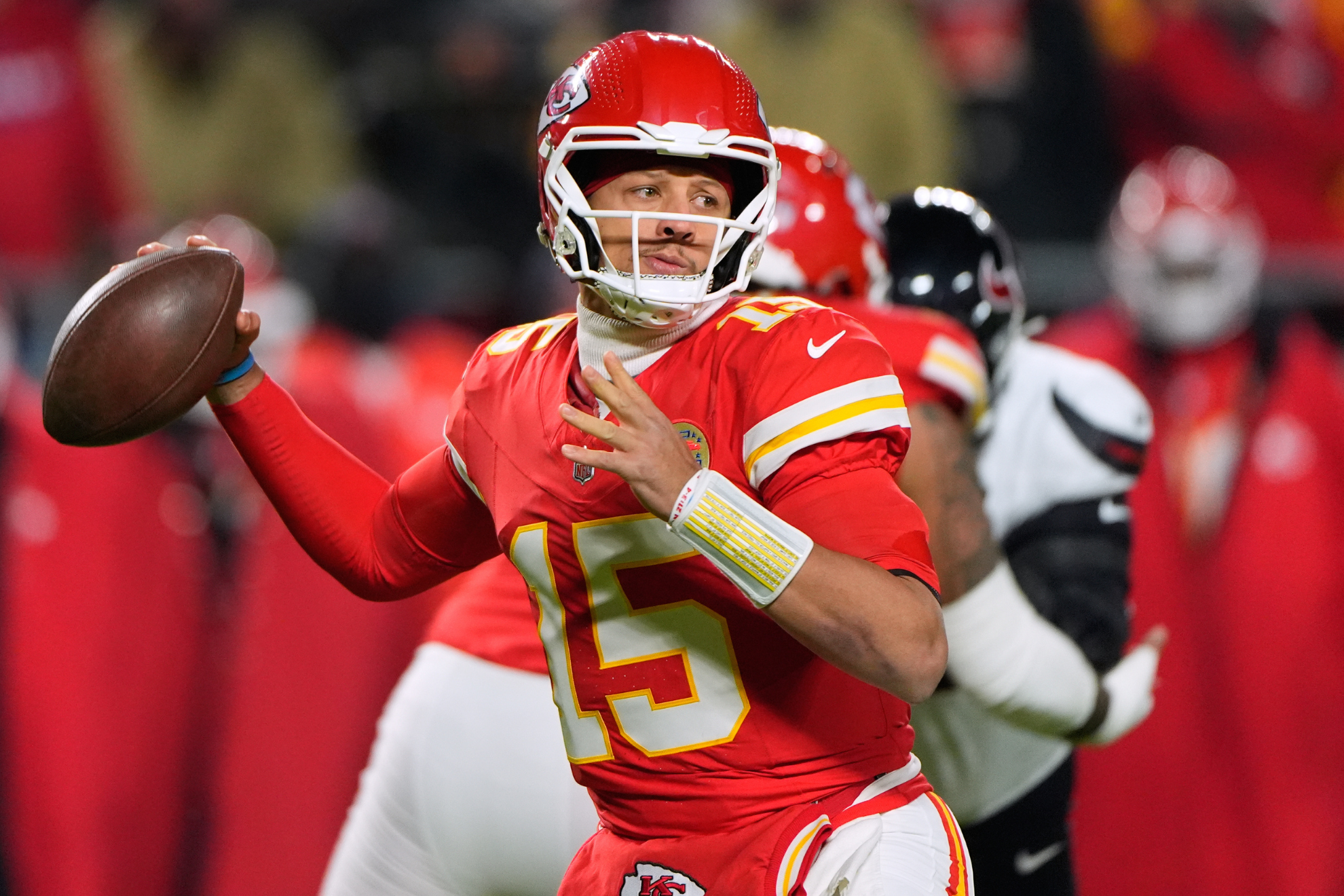 Patrick Mahomes throws a pass during the Kansas City Chiefs vs. Houston Texans game in 2025.