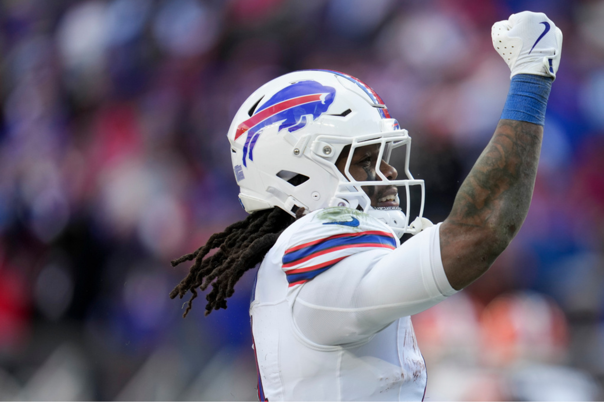 Buffalo Bills running back James Cook III celebrates his touchdown