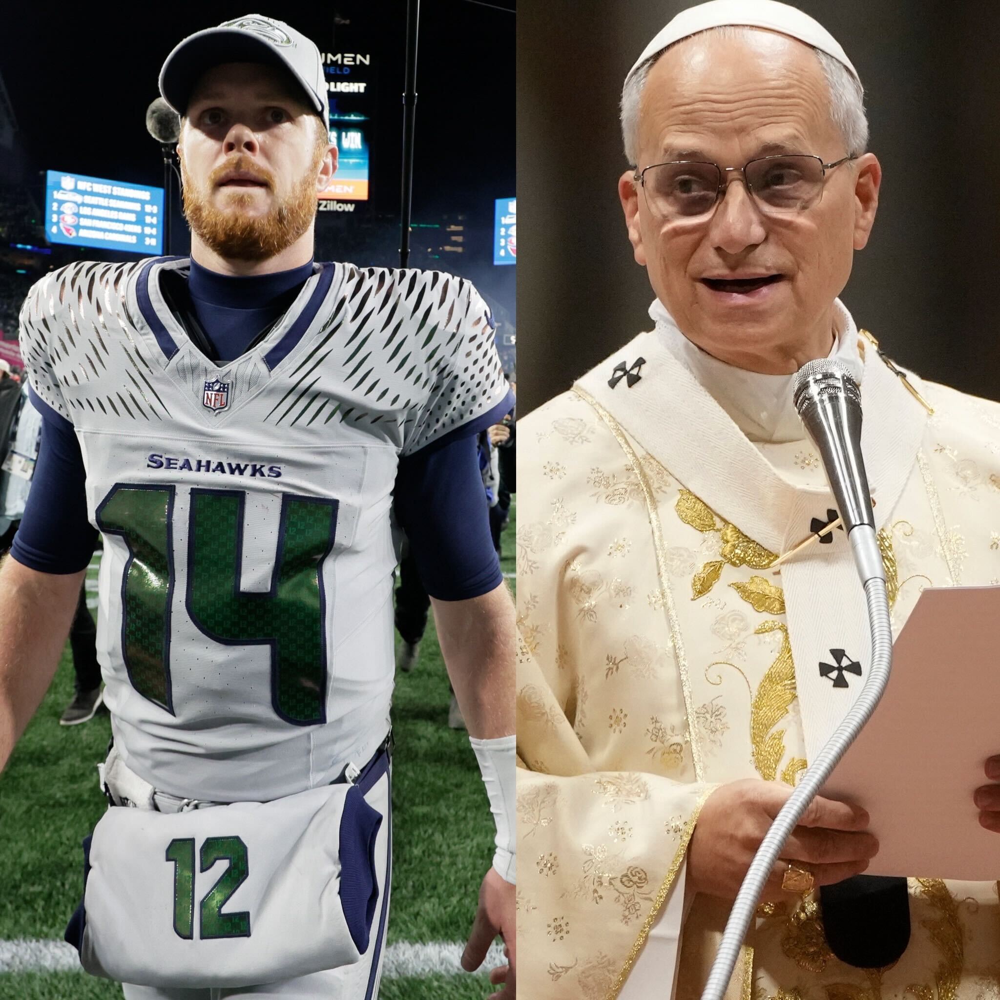 Seattle Seahawks quarterback Sam Darnold (left) walks on the field after an NFL game, and Pope Leo XIV presides over Christmas Day Mass at the Vatican