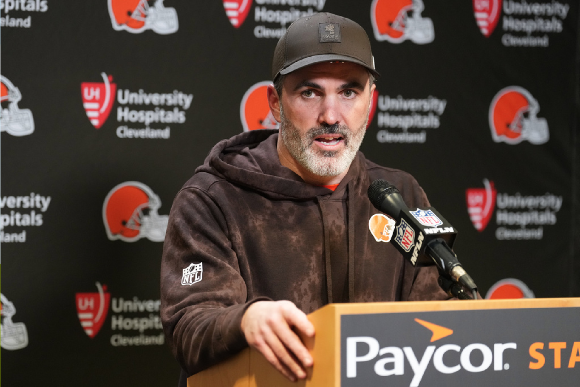 Cleveland Browns head coach Kevin Stefanski speaks at a news conference after an NFL football game