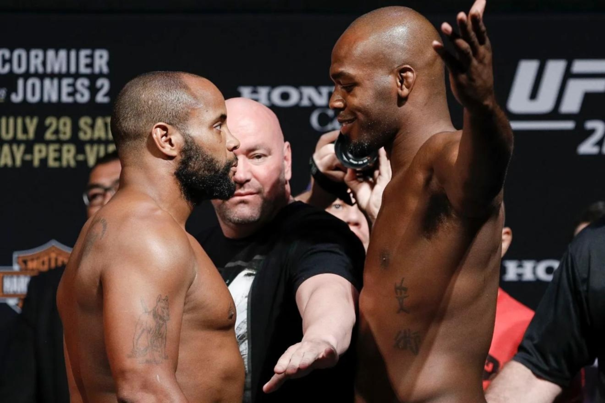 Daniel Cormier and Jon Jones facing off in one of their fights.