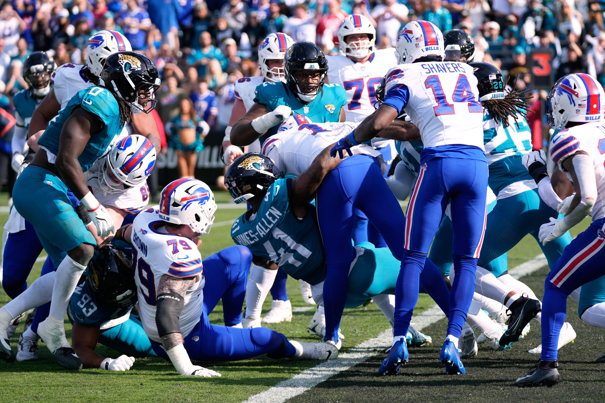 Josh Allen scores a touchdown during the Buffalo Bills vs. Jacksonville Jaguars playoff game.