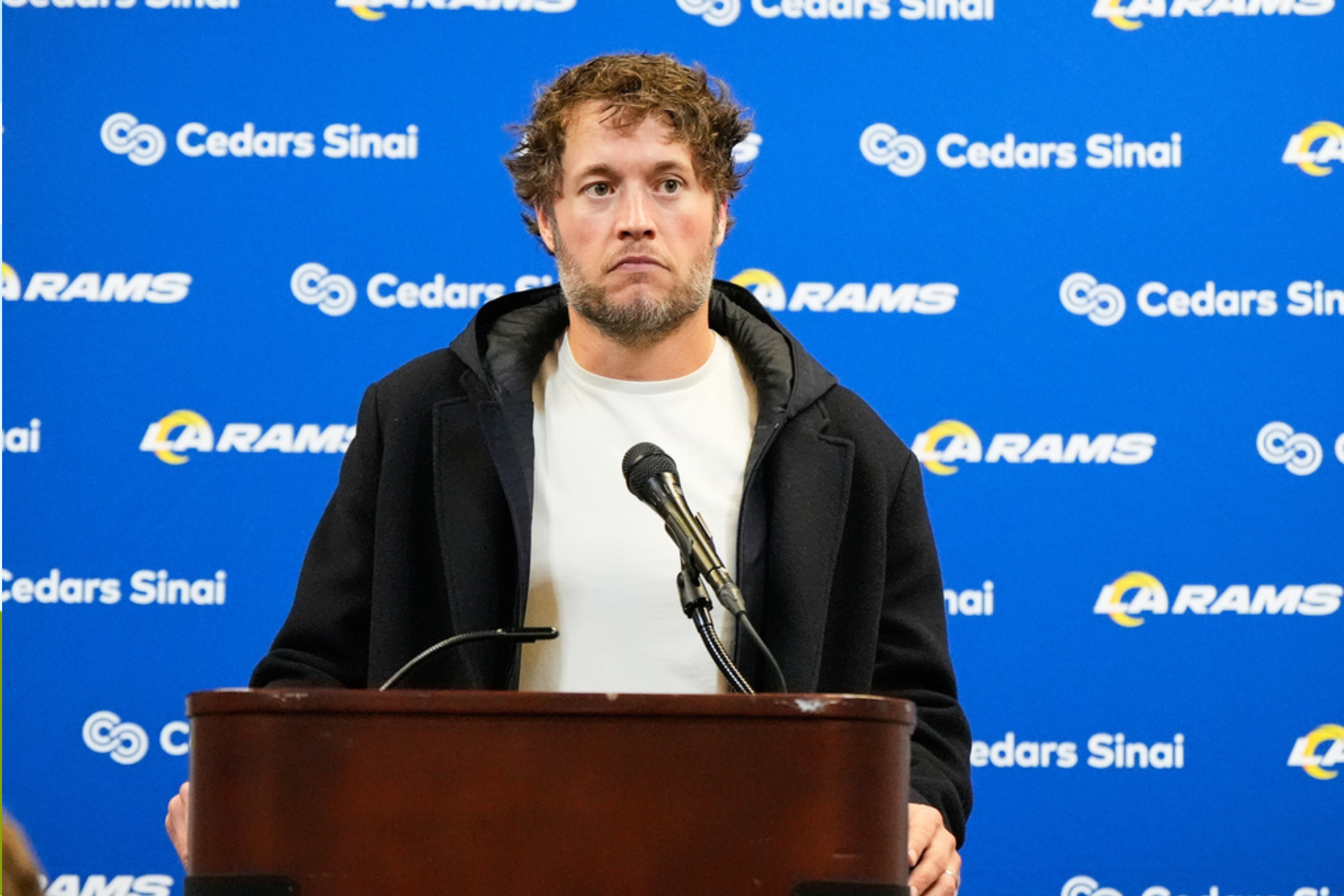 Los Angeles Rams quarterback Matthew Stafford talks to reporters after an NFL football game