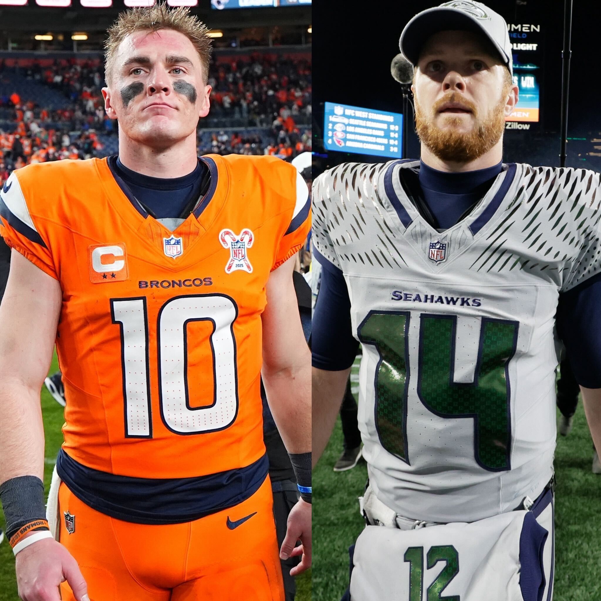 Denver Broncos quarterback Bo Nix (10) leaves the field after an NFL football game, and Seattle Seahawks quarterback Sam Darnold (14) walks on the field after an NFL football game