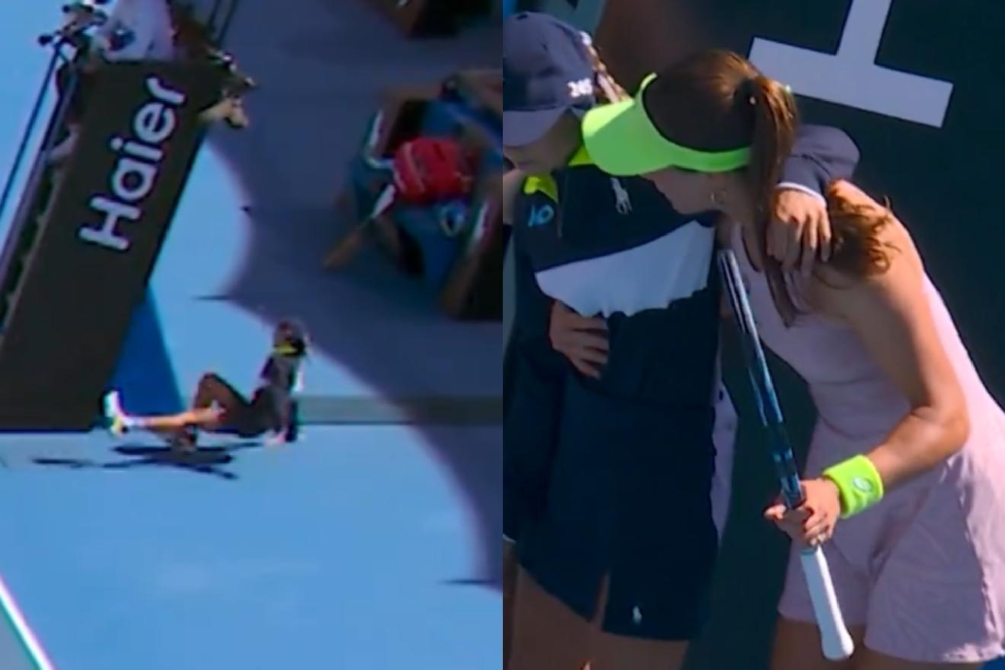 The ball girl, at the moment of hitting the ground.