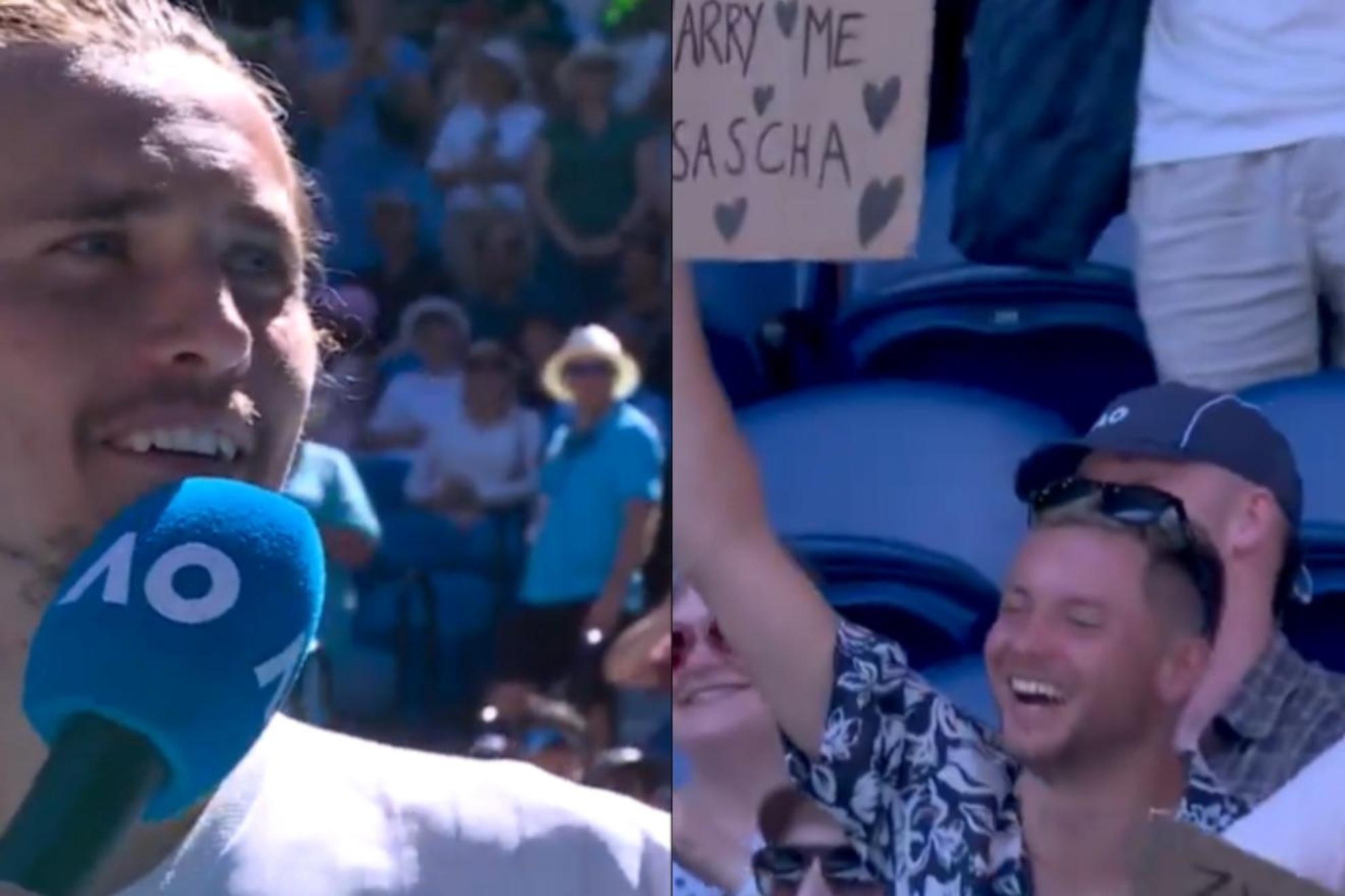Zverev looks at the fan who asks him to marry him.