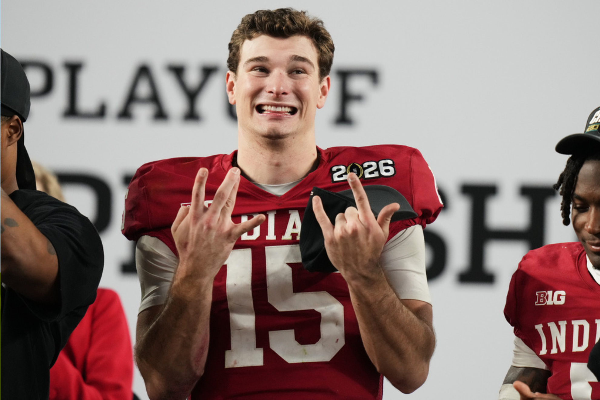 Indiana quarterback Fernando Mendoza (15) reacts after Indiana defeated Miami in a College Football Playoff national championship game