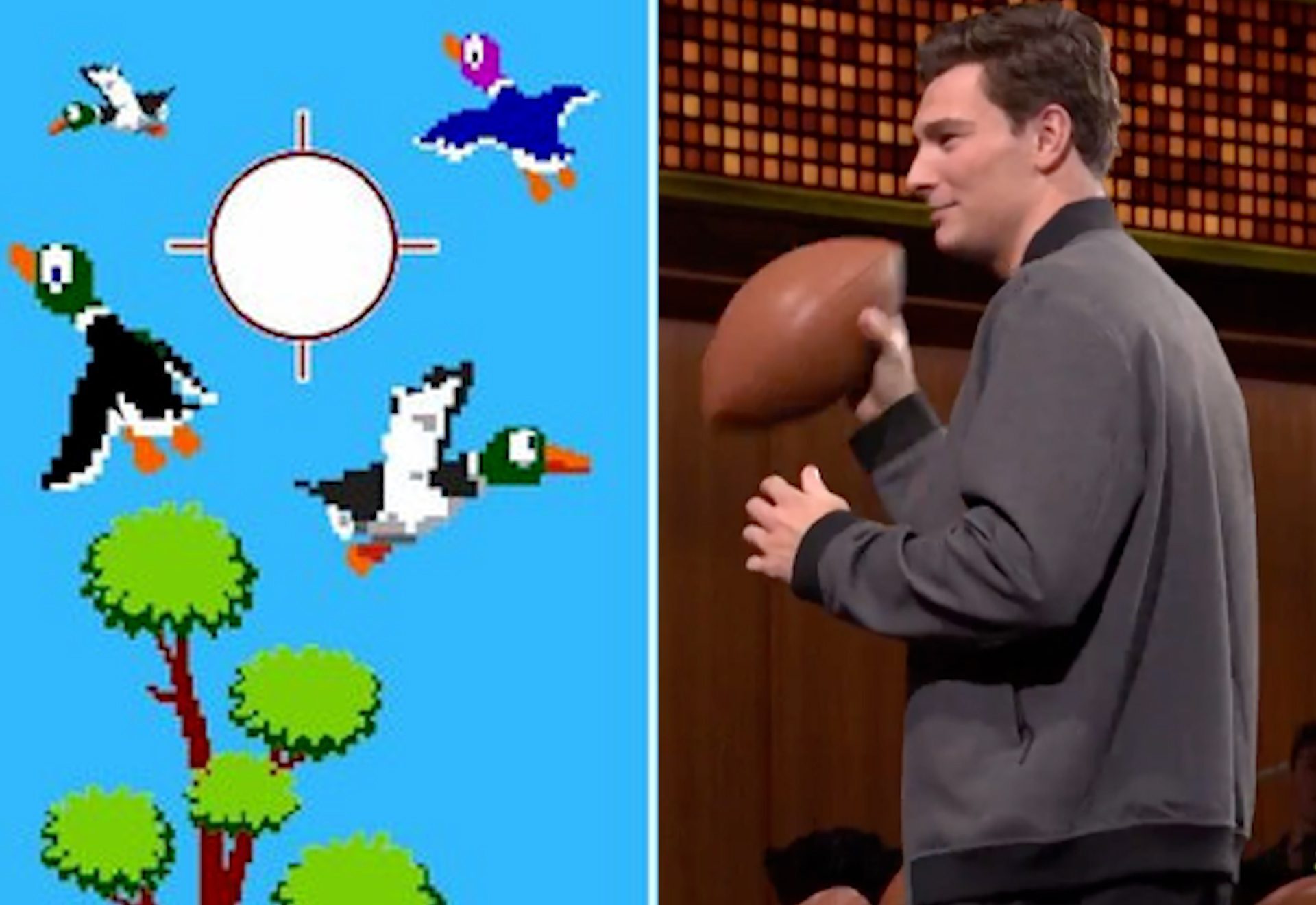 Fernando Mendoza revives Nintendo Duck Hunt by smashing flying discs thrown by Jimmy Fallon