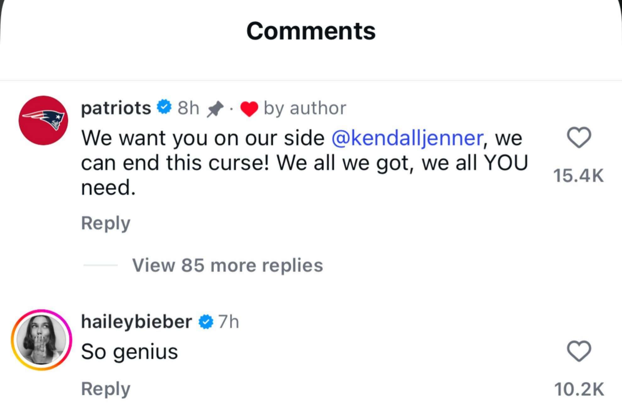 The New England Patriots joined in, jokingly commenting that they wanted her on their side to end the curse