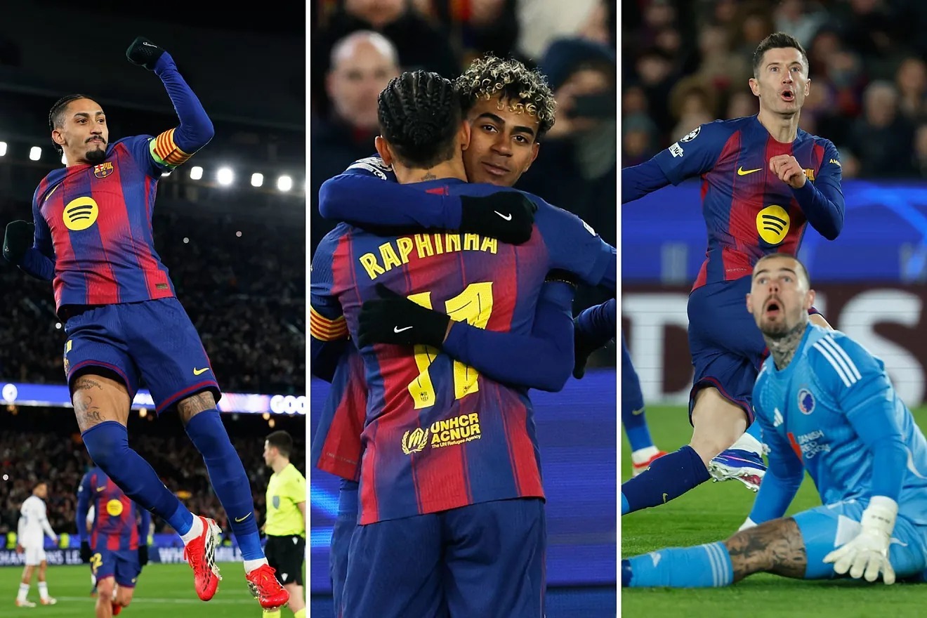 Lamine Yamal celebrates with Raphinha his sides second goal during the Champions.