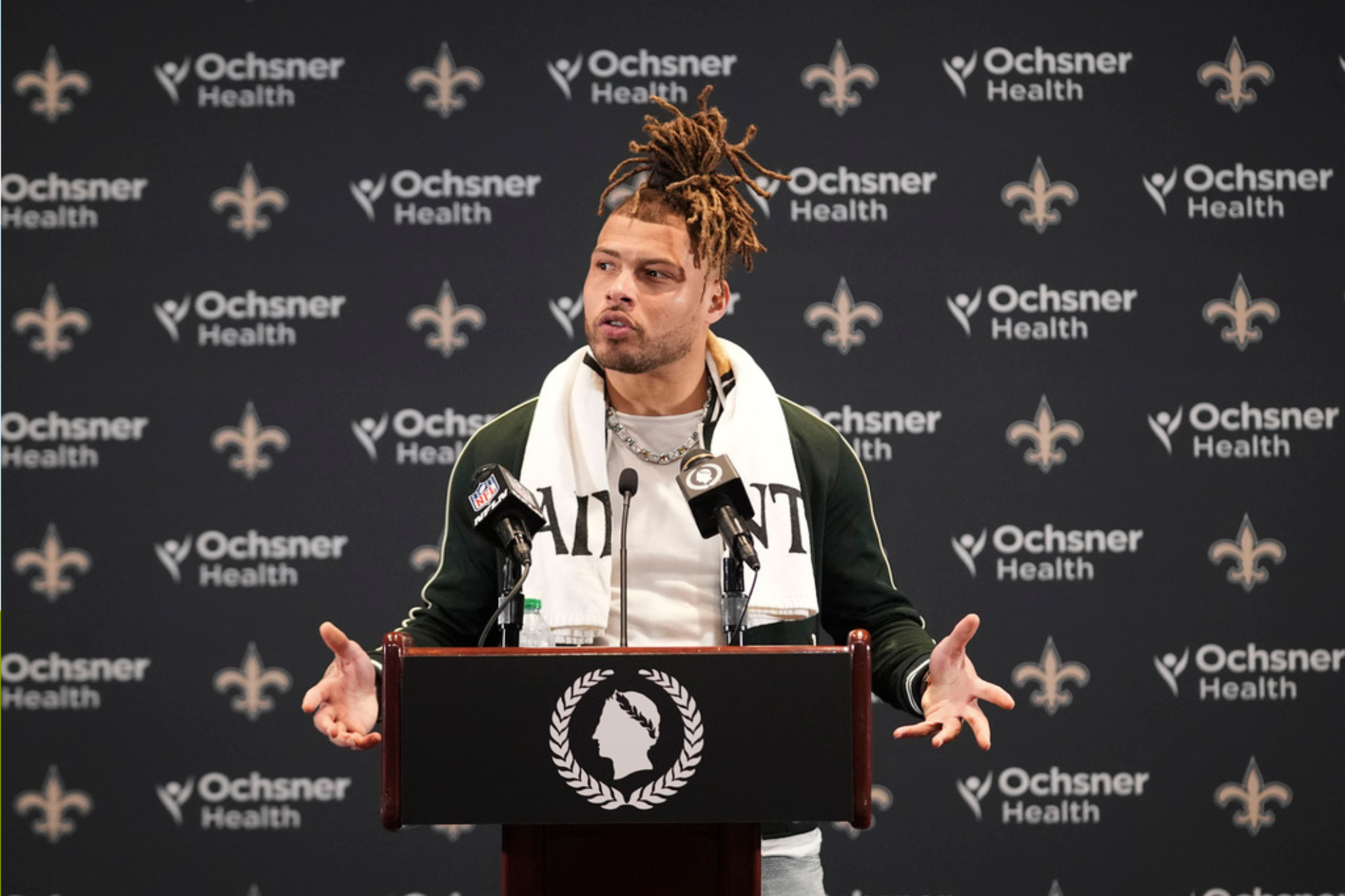 Tyrann Mathieu talks to reporters after an NFL football game