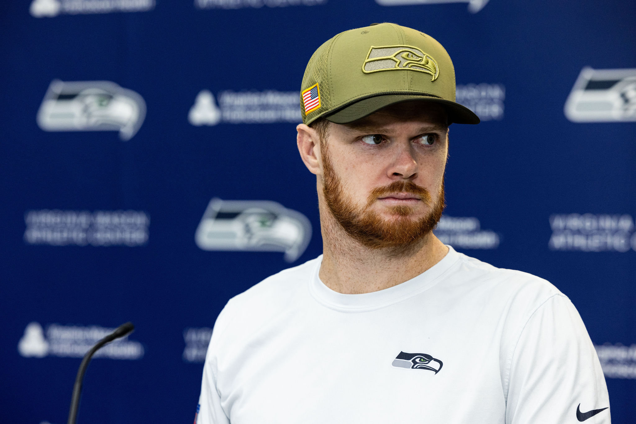 Seattle Seahawks quarterback Sam Darnold during a news conference at the teams facilities