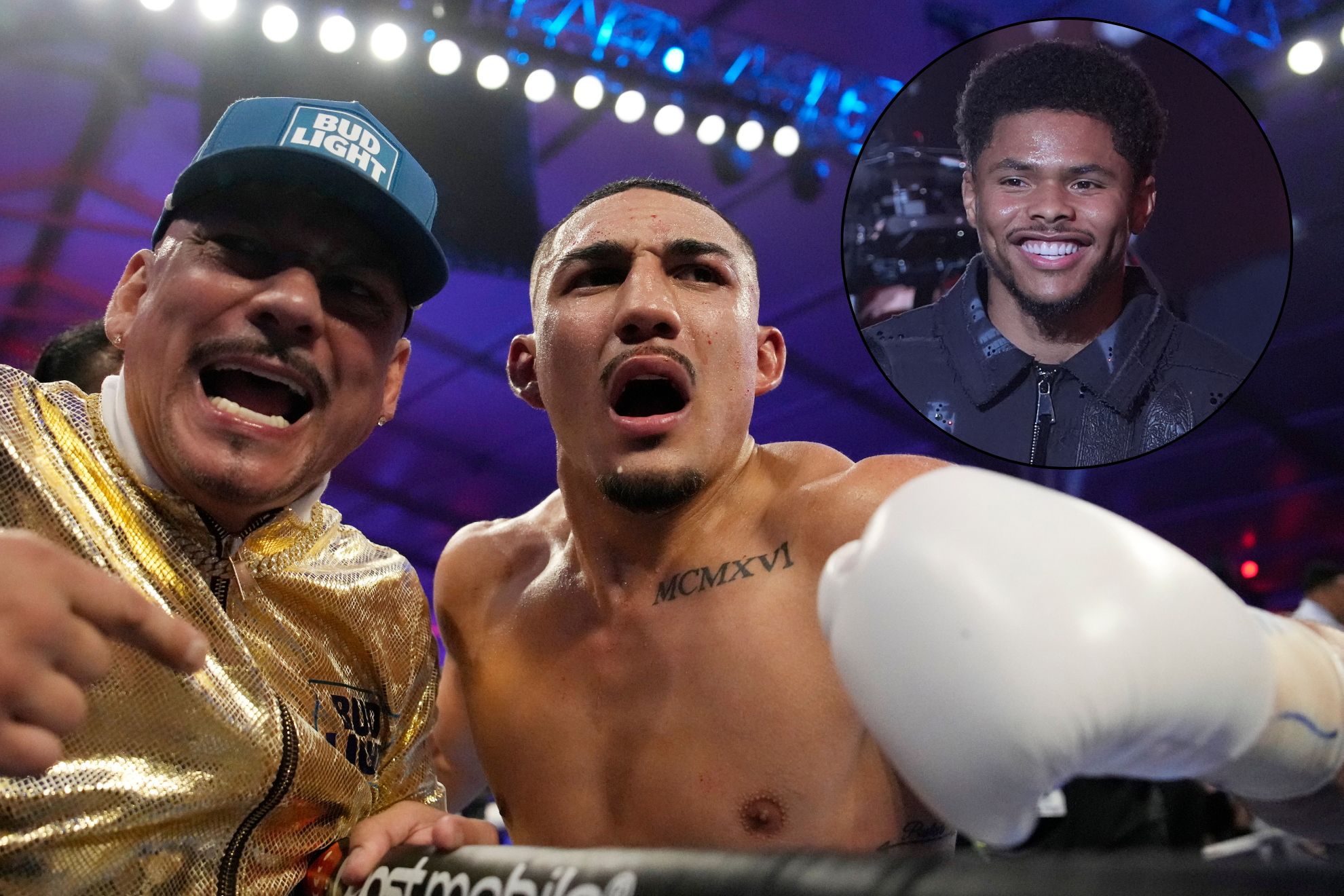Teofimo Lopez Sr. (left), Teofimo Lopez (center) and Shakur Stevenson (right).