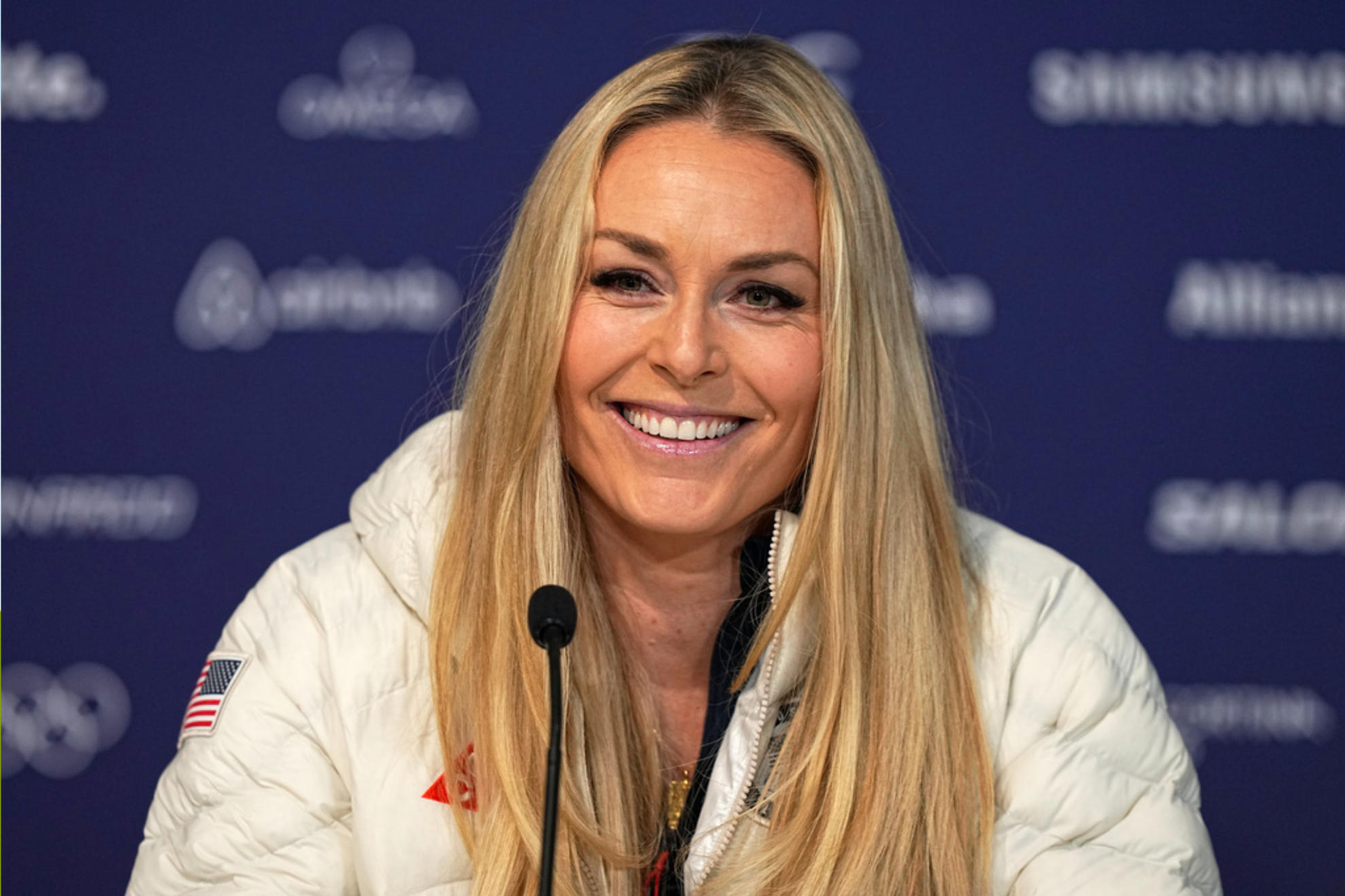 United States Lindsey Vonn smiles during a press conference by the U.S. ski team at the 2026 Winter Olympics