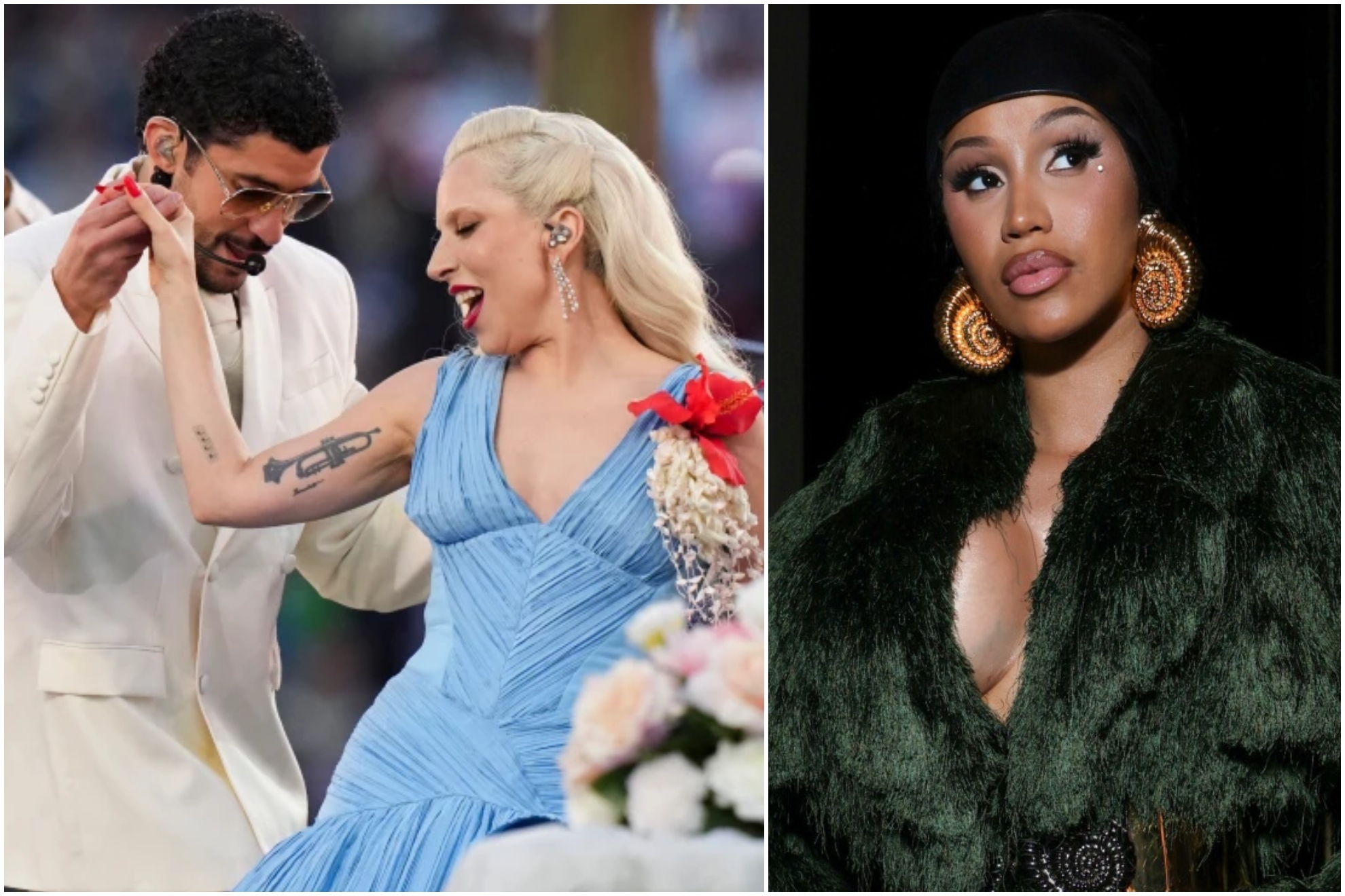 Bad Bunny dancing with Lady Gaga, and Cardi B