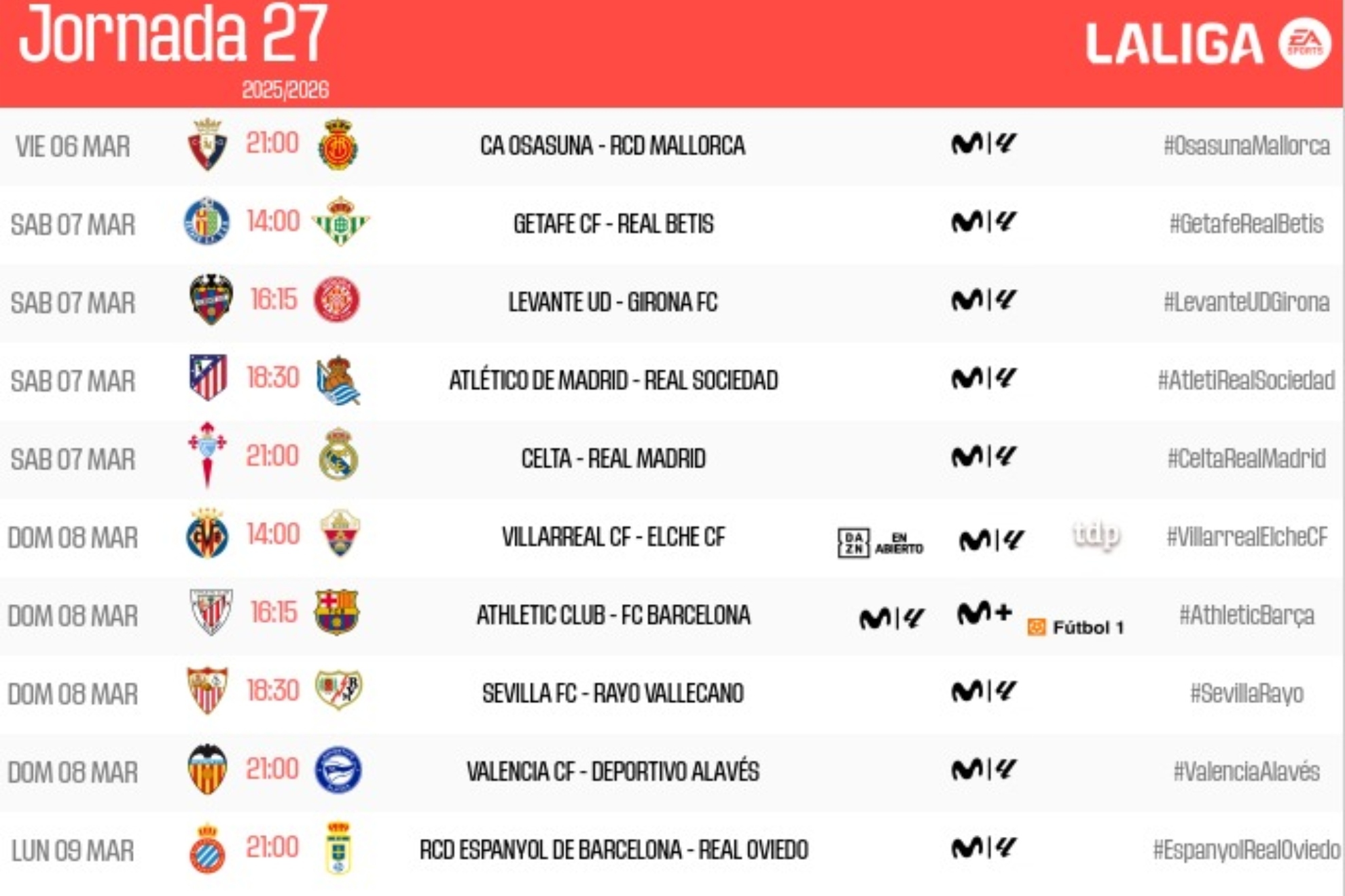 La Jornada 27 ya tiene horarios: abre en El Sadar y baja el telón en el RCDE Stadium
