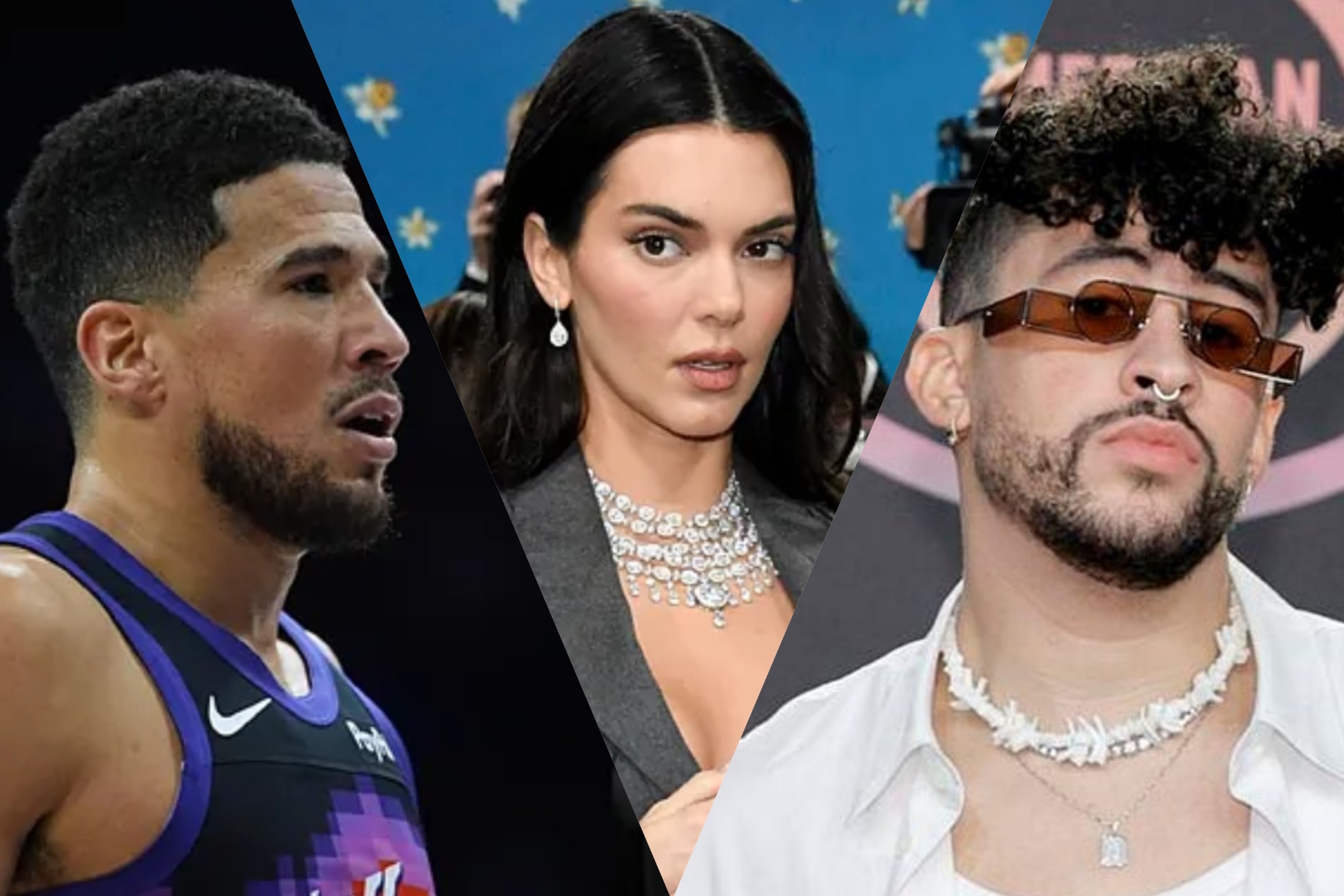 Devin Booker (L) and Bad Bunny (R) have traded barbs over their ex Kendall Jenner (C)