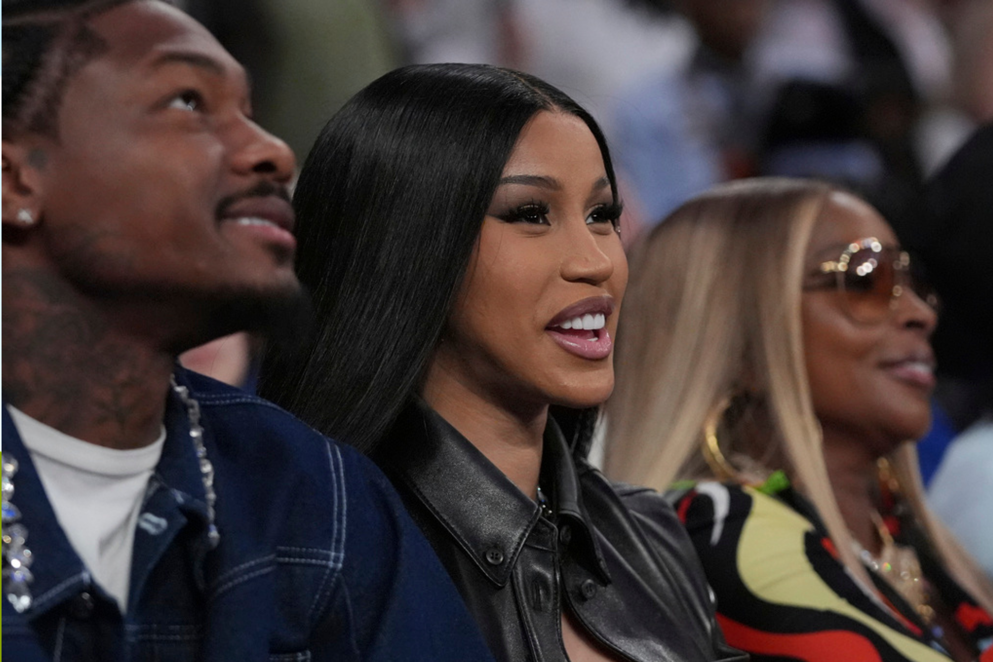 Cardi B, center, Stefon Diggs, left, and Mary J Blige, right, during the second half of Game 4 in the Eastern Conference semifinals