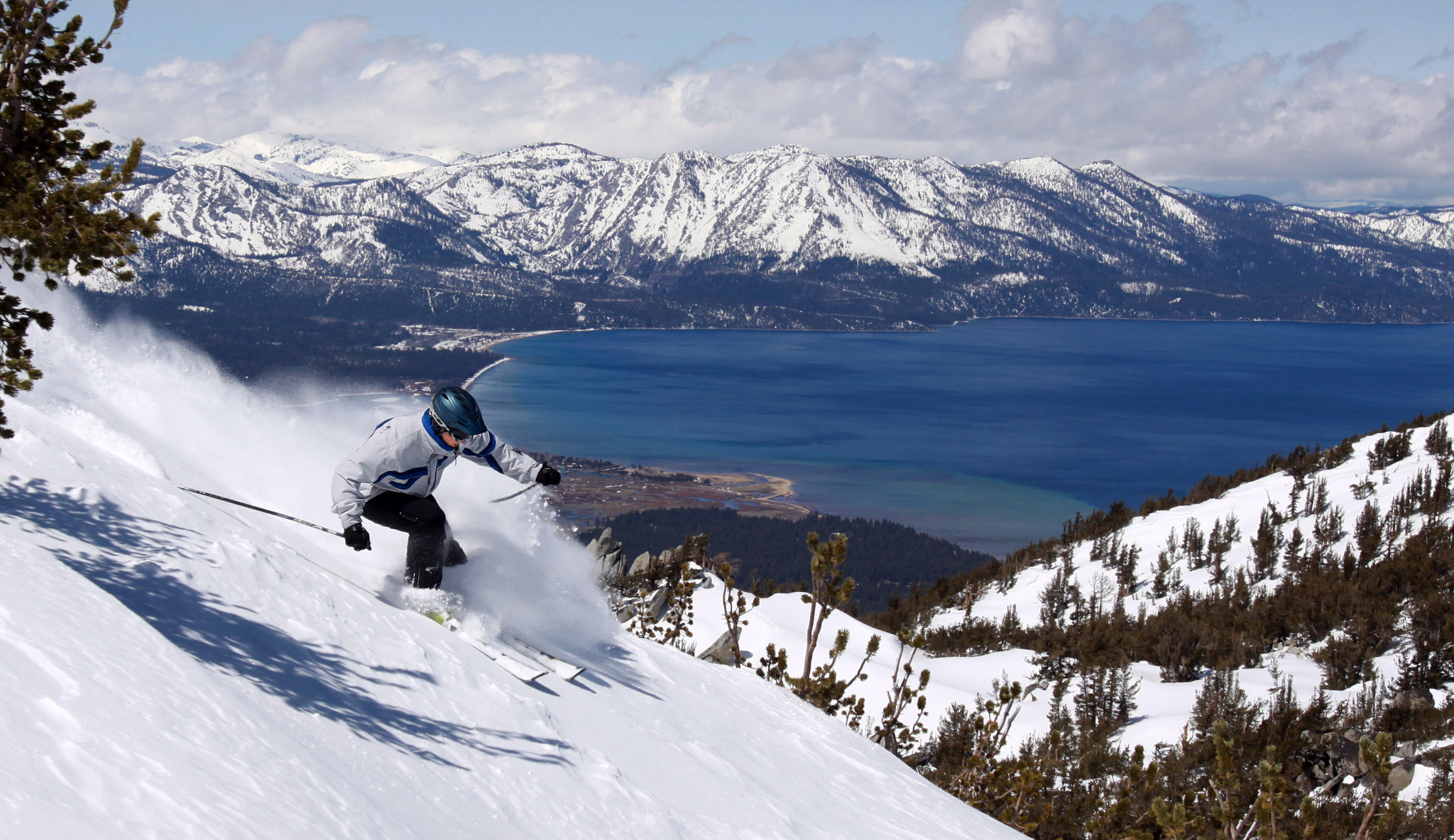 A person skiing by Lake Tahoe.