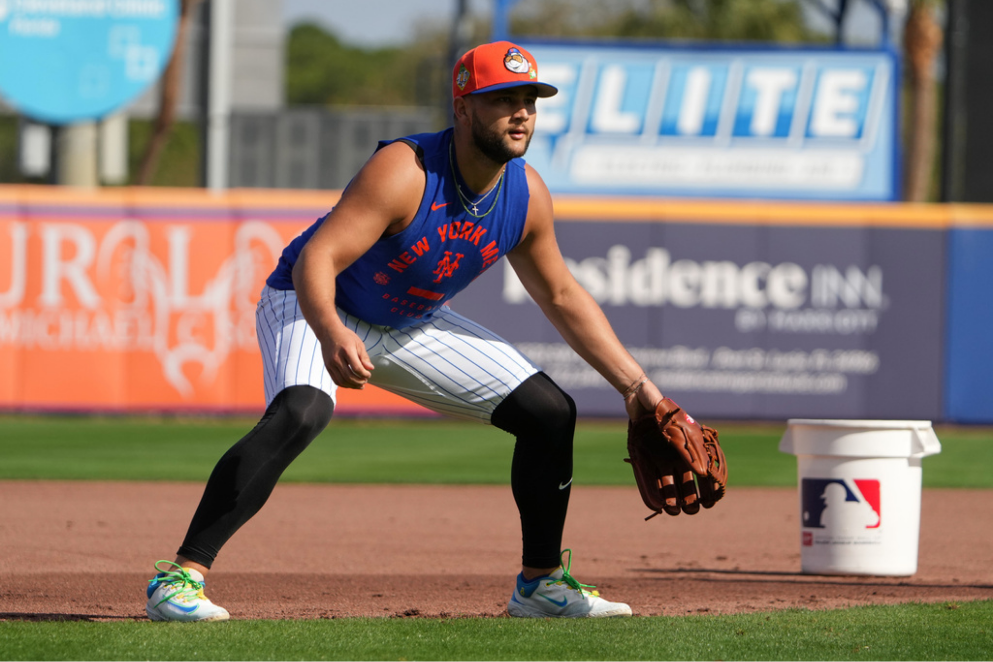 New York Mets infielder Bo Bichette takes up his position during a spring training baseball workout