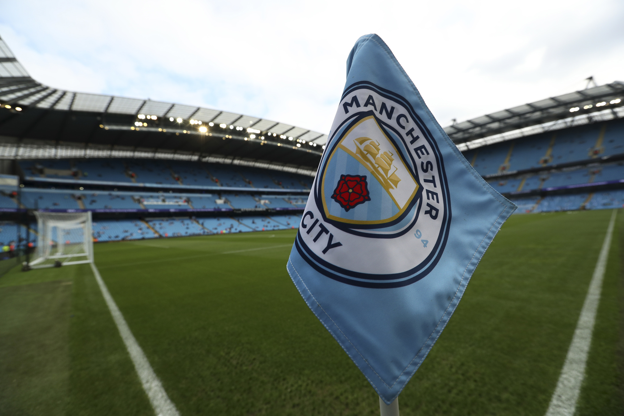 A Manchester City corner flag at Etihad Stadium in Manchester, England