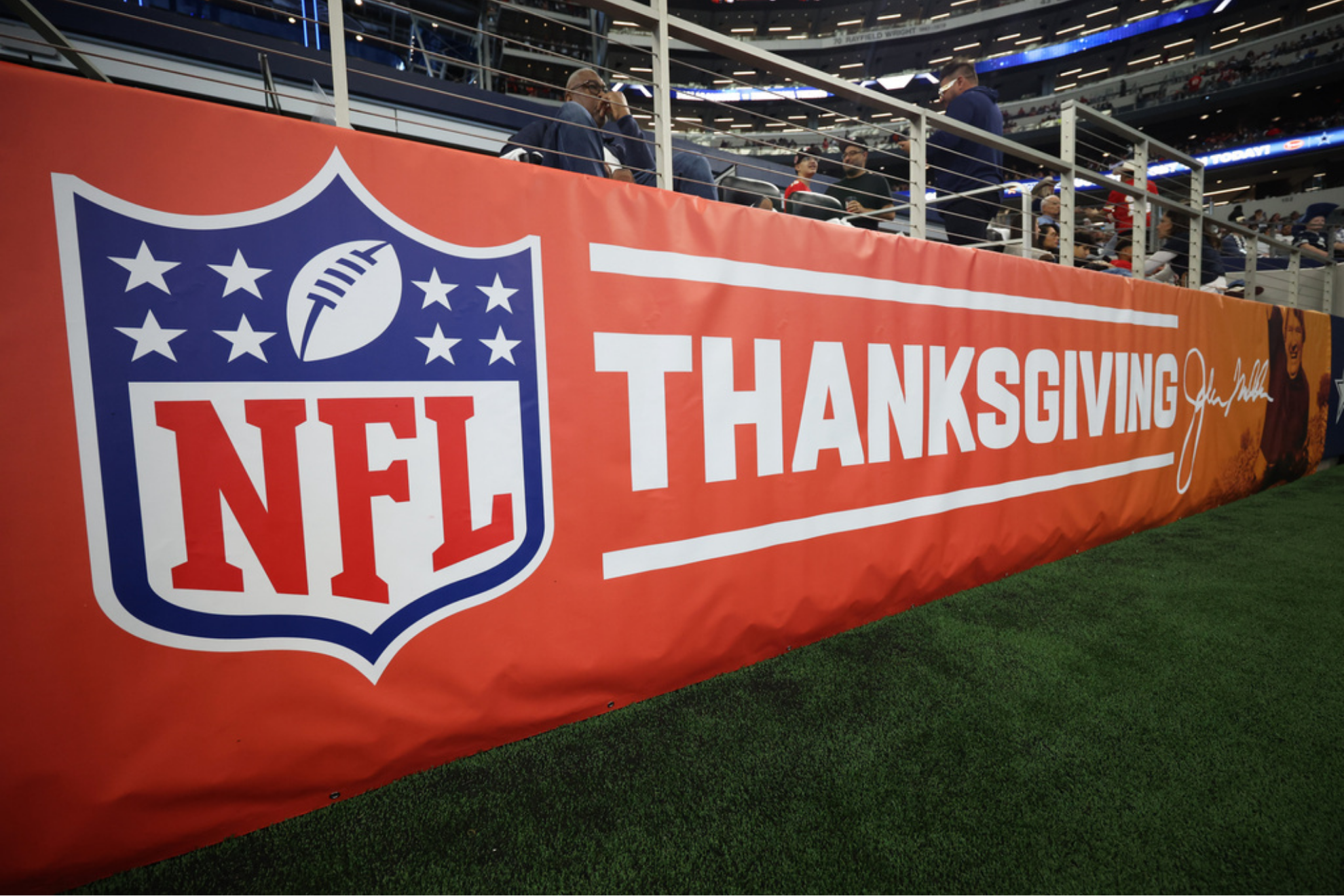 A Thanksgiving sign is seen around the field before an NFL football game between the Kansas City Chiefs and the Dallas Cowboys