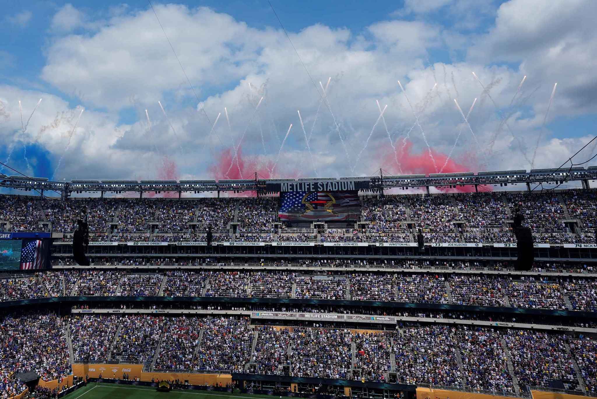 Fireworks are seen over the Metlife Stadium prior to the Club World Cup final soccer match between Chelsea and PSG in East Rutherford, N.J.