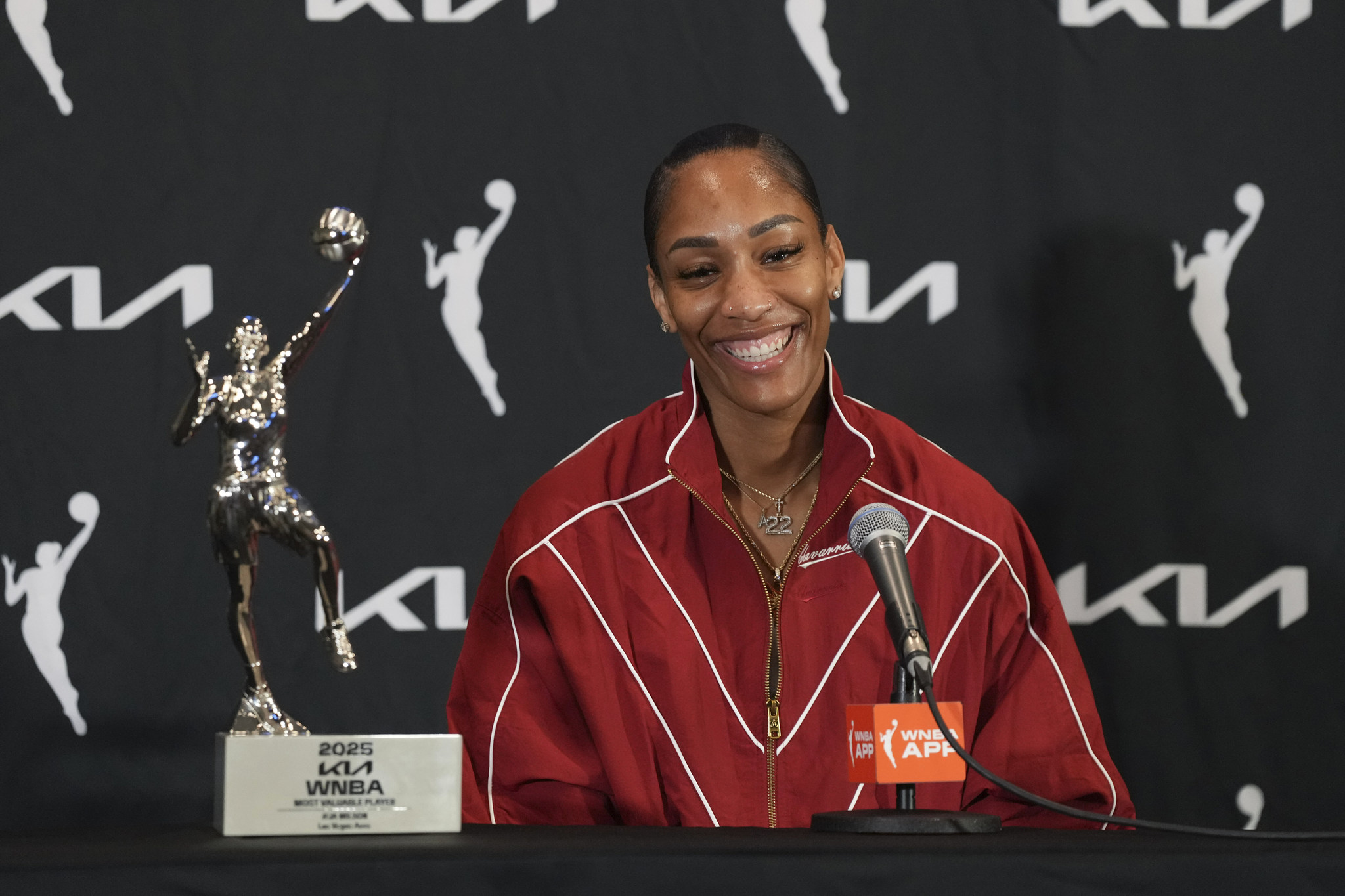 Las Vegas Aces center Aja Wilson (22) speaks during a press conference on receiving the 2025 WNBA Most Valuable Player award