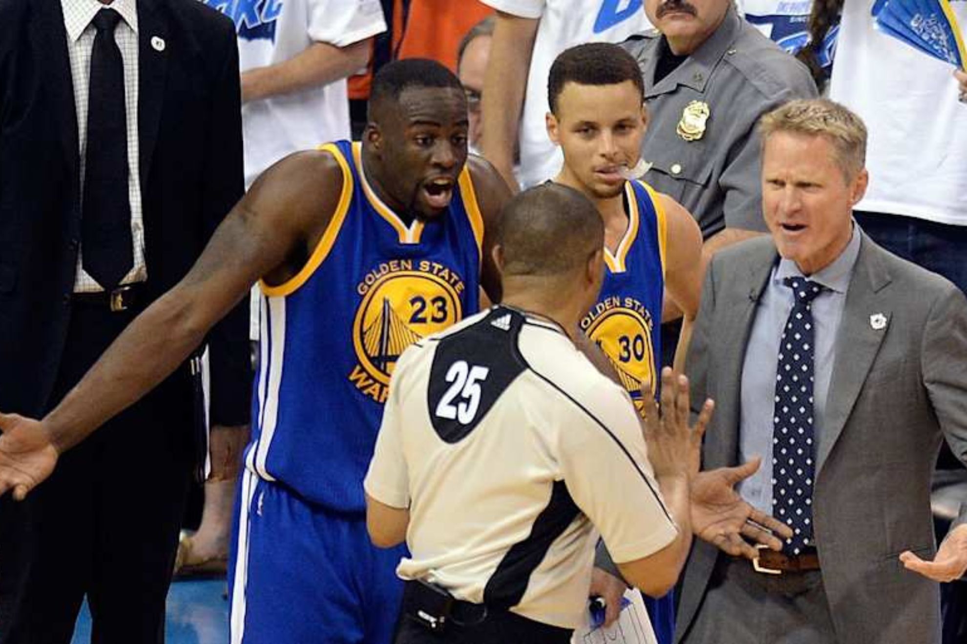 Stephen Curry, Draymond Green and Steve Kerr embrace after the Play-In elimination in what could be their final moment together
