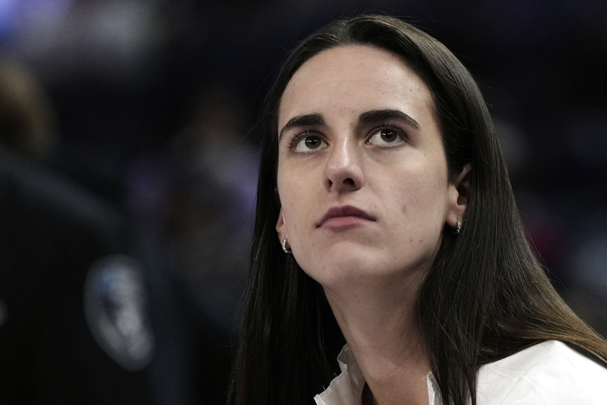Indiana Fevers Caitlin Clark sits on the bench before a WNBA basketball game against the Golden State Valkyries