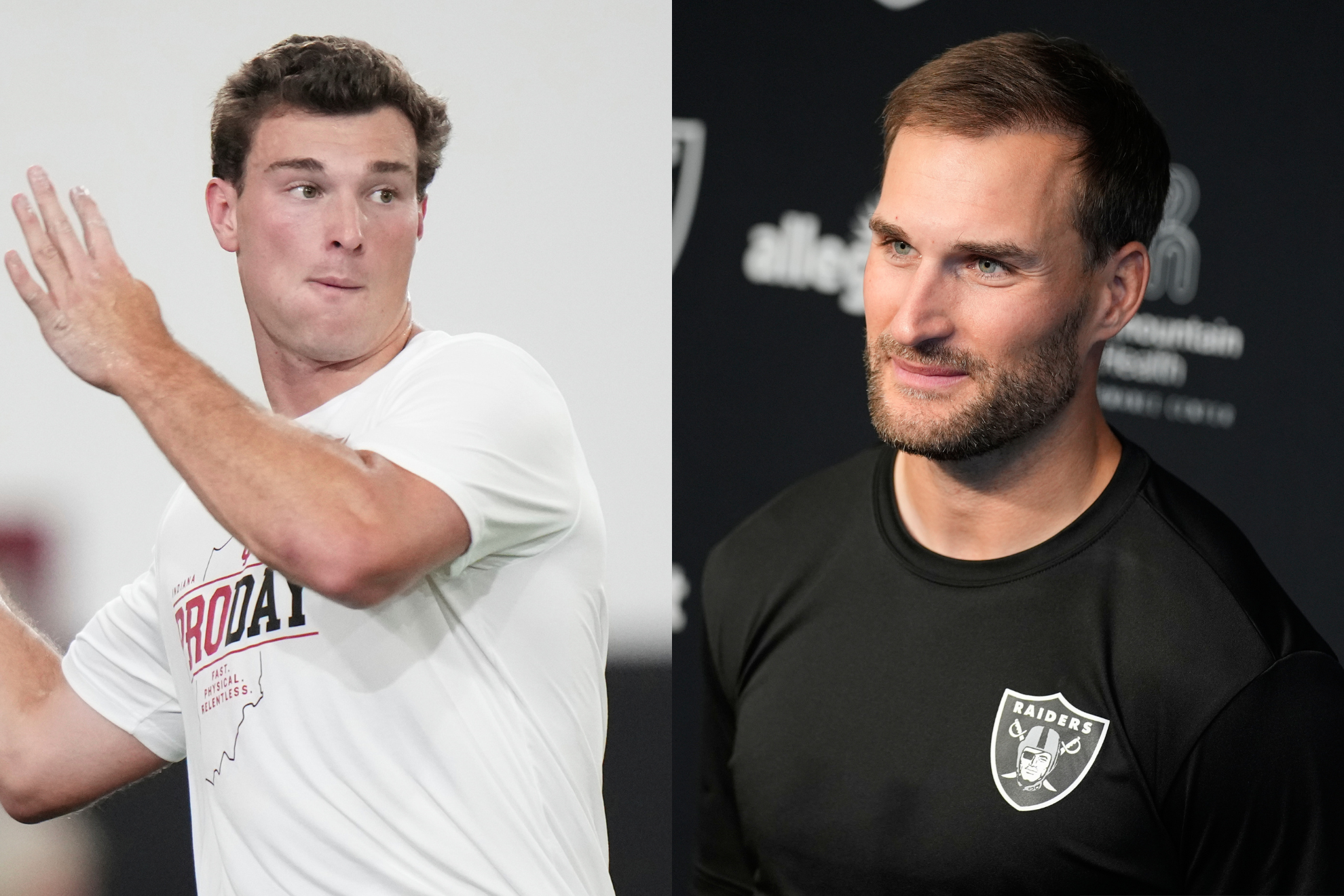 Fernando Mendoza (left) and Kirk Cousins (right) will lead the Las Vegas Raiders quarterback room in 2026.