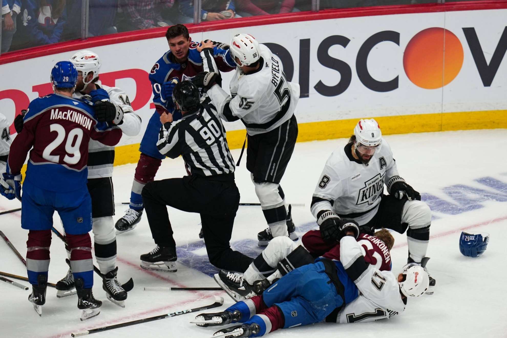 NHL playoffs chaos as glass shatters onto Kings bench during Avalanche celebration