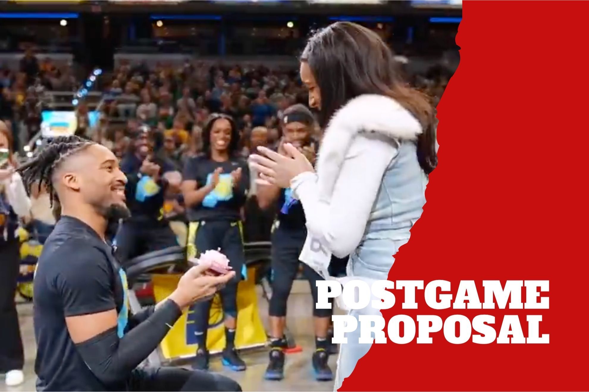 Basketball player proposes after game in emotional on-court moment