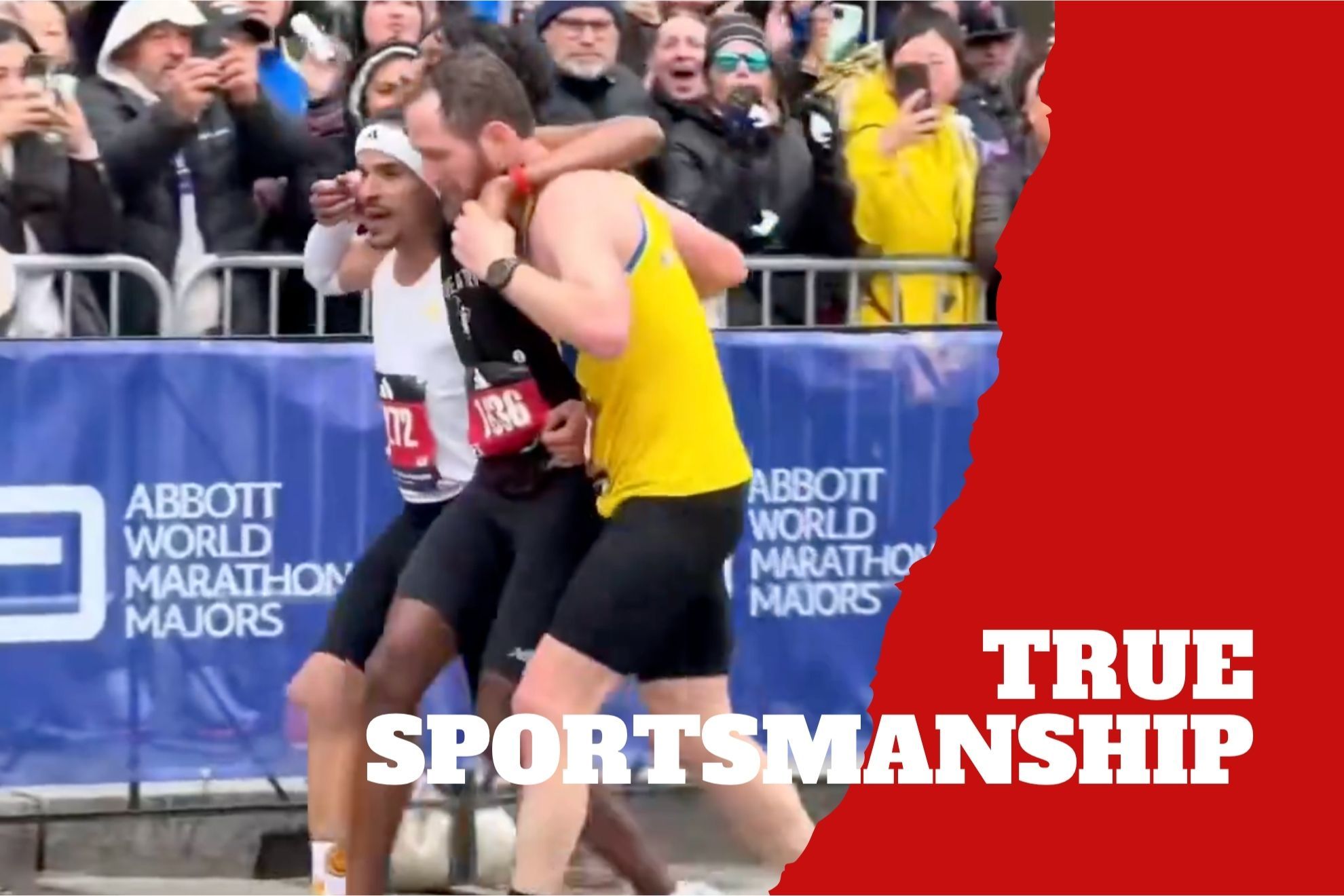 Runners stop to help competitor cross Boston Marathon finish line