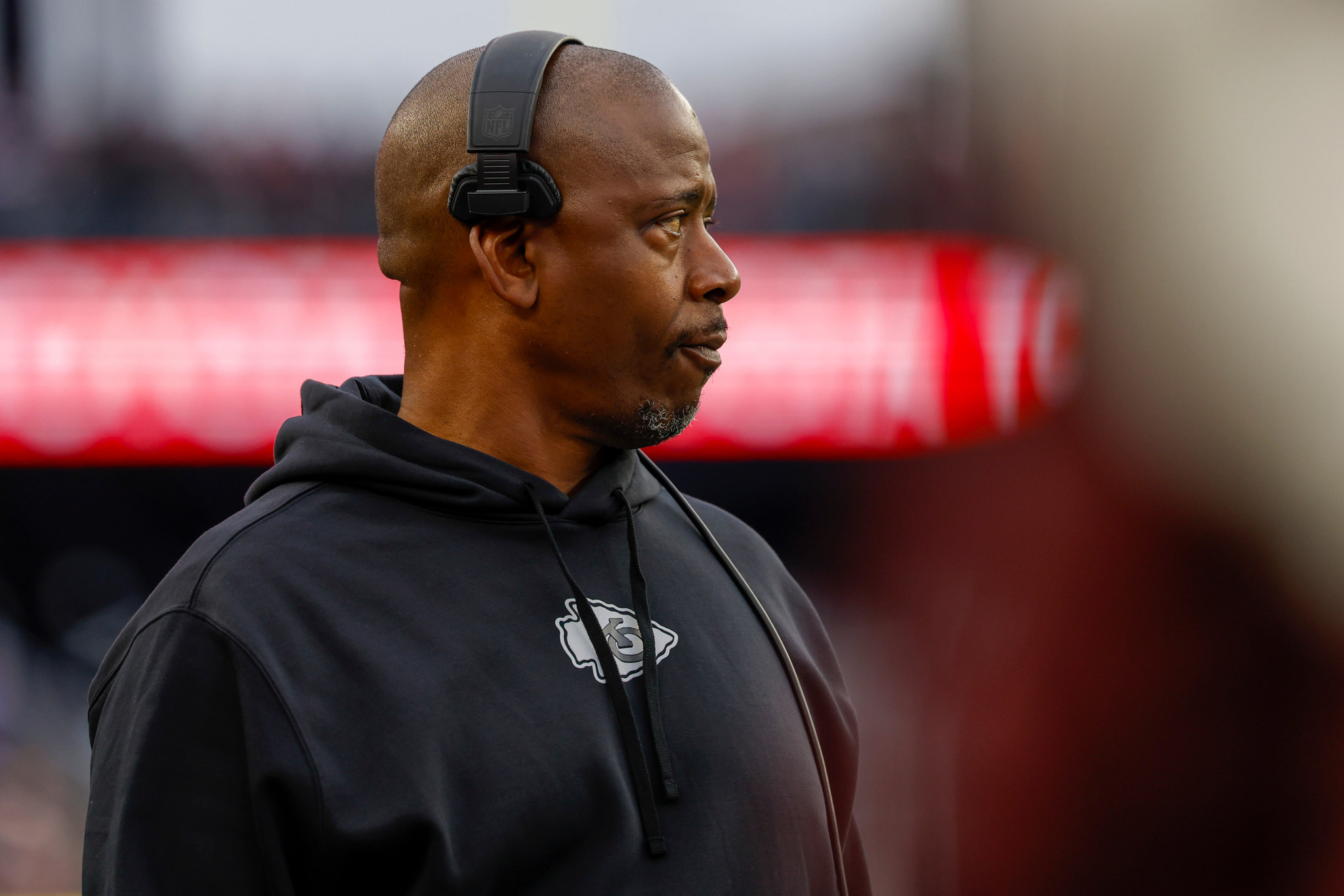 FILE - Kansas City Chiefs defensive backs coach  lt;HIT gt;Dave lt;/HIT gt;  lt;HIT gt;Merritt lt;/HIT gt; stands on the sideline during the first half of an NFL football game against the New England Patriots, Dec. 17, 2023, in Foxborough, Mass. (AP Photo/Greg M. Cooper, File)