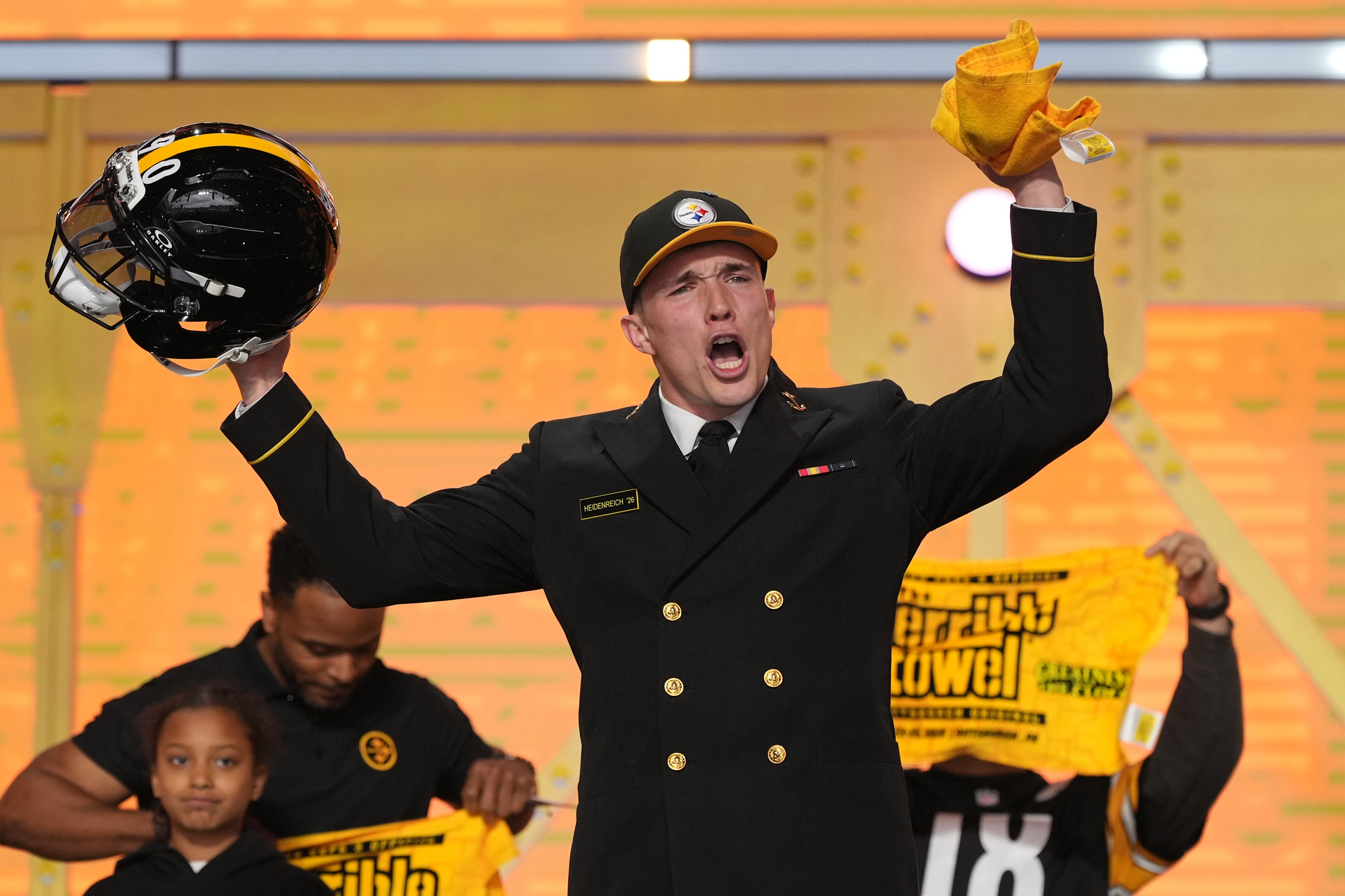 Eli Heidenreich celebrates being drafted by the hometown Pittsburgh Steelers during the 2026 NFL Draft.