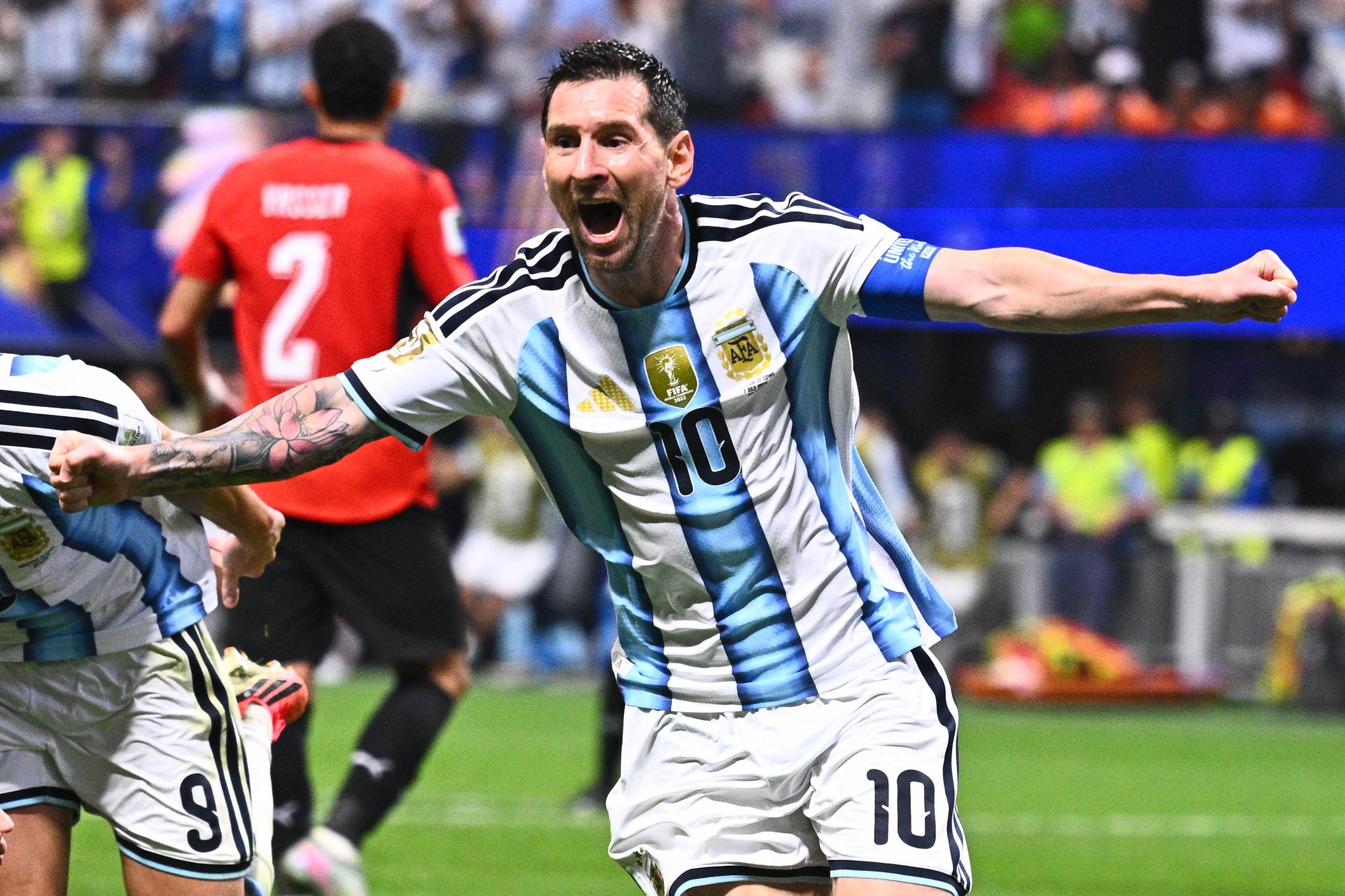 Argentina's Lionel lt;HIT gt;Messi lt;/HIT gt; (10) celebrates scoring their second goal during the World Cup round of 16 soccer match between Argentina and Egypt in Atlanta, Tuesday, July 7, 2026. (AP Photo)