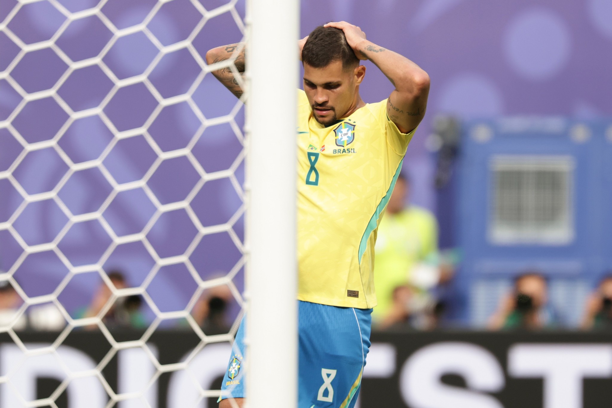 Brazil's Bruno lt;HIT gt;Guimaraes lt;/HIT gt; (8) reacts during the World Cup round of 16 soccer match between Brazil and Norway in East Rutherford, N.J., near New York, Sunday, July 5, 2026. (AP Photo/Adam Hunger)