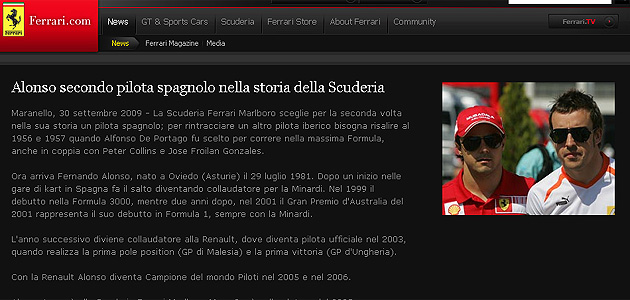 El web de Ferrari anunci� el fichaje de Fernando Alonso para la pr�xima temporada.