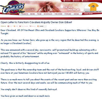 La carta abierta de Gilbert a sus aficionados publicada en la web de los Cavaliers
