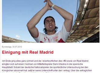 Noticia colgada en la web del Stuttgart informando de la marcha de Khedira