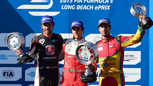 Nelson Piquet, Vergne y De Grassi en Long Beach. Foto: AFP